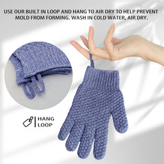 Close-up of the dual textures on Evridwear gloves for gentle and deep exfoliation.