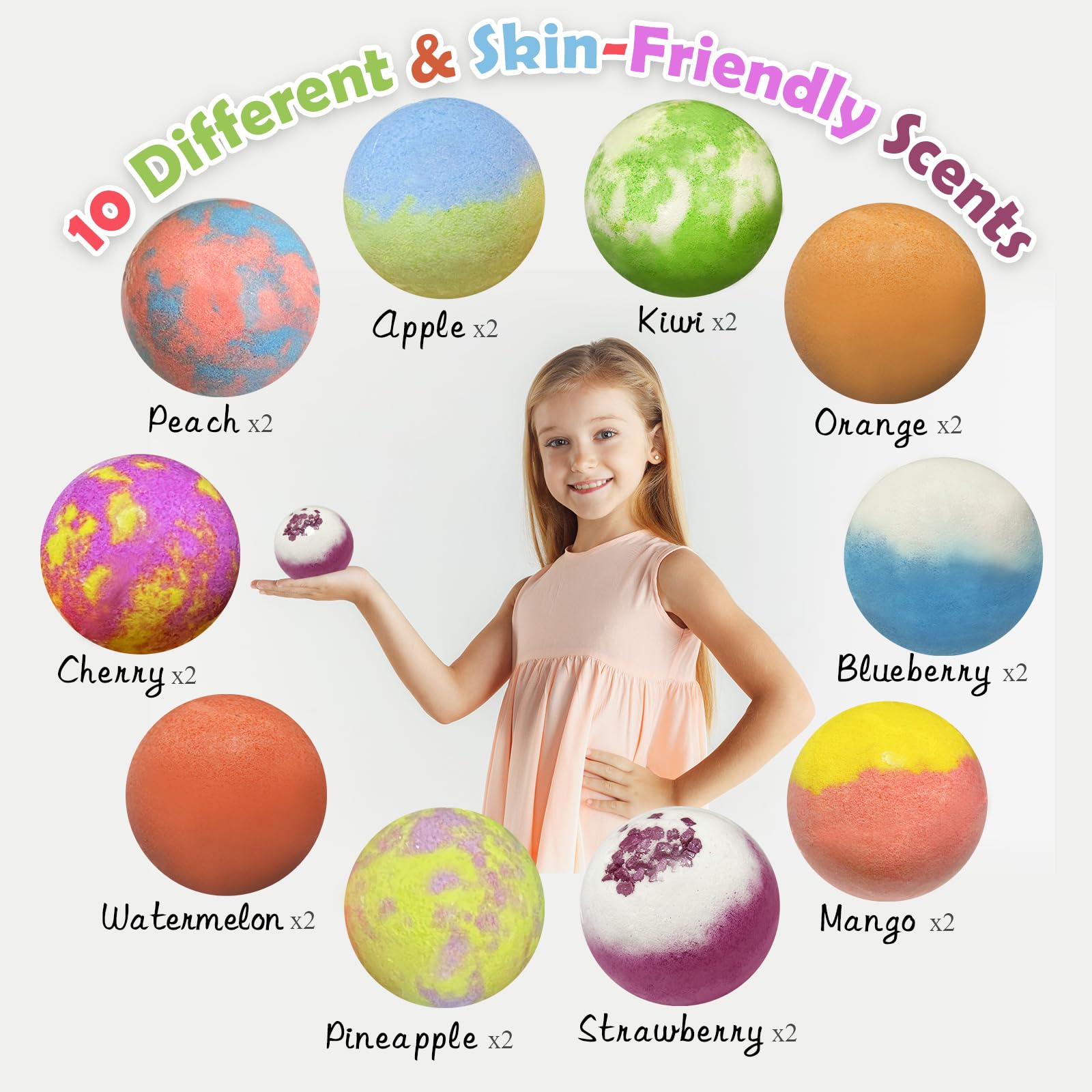 Excalla bath bombs offer 10 colors and 10 fruity scents for variety.
