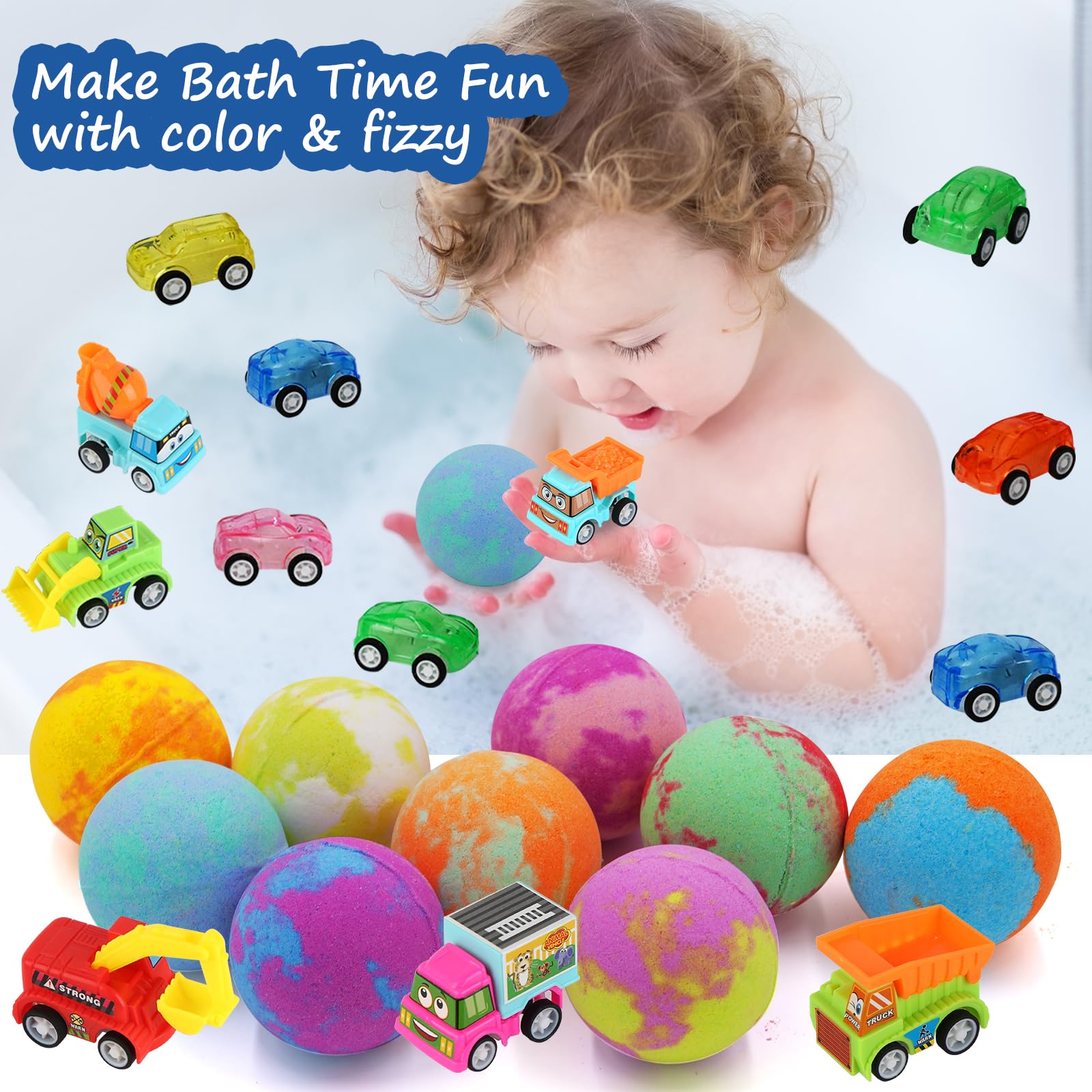 Excalla 12 toy cars inside package encourage imaginative post-bath play.