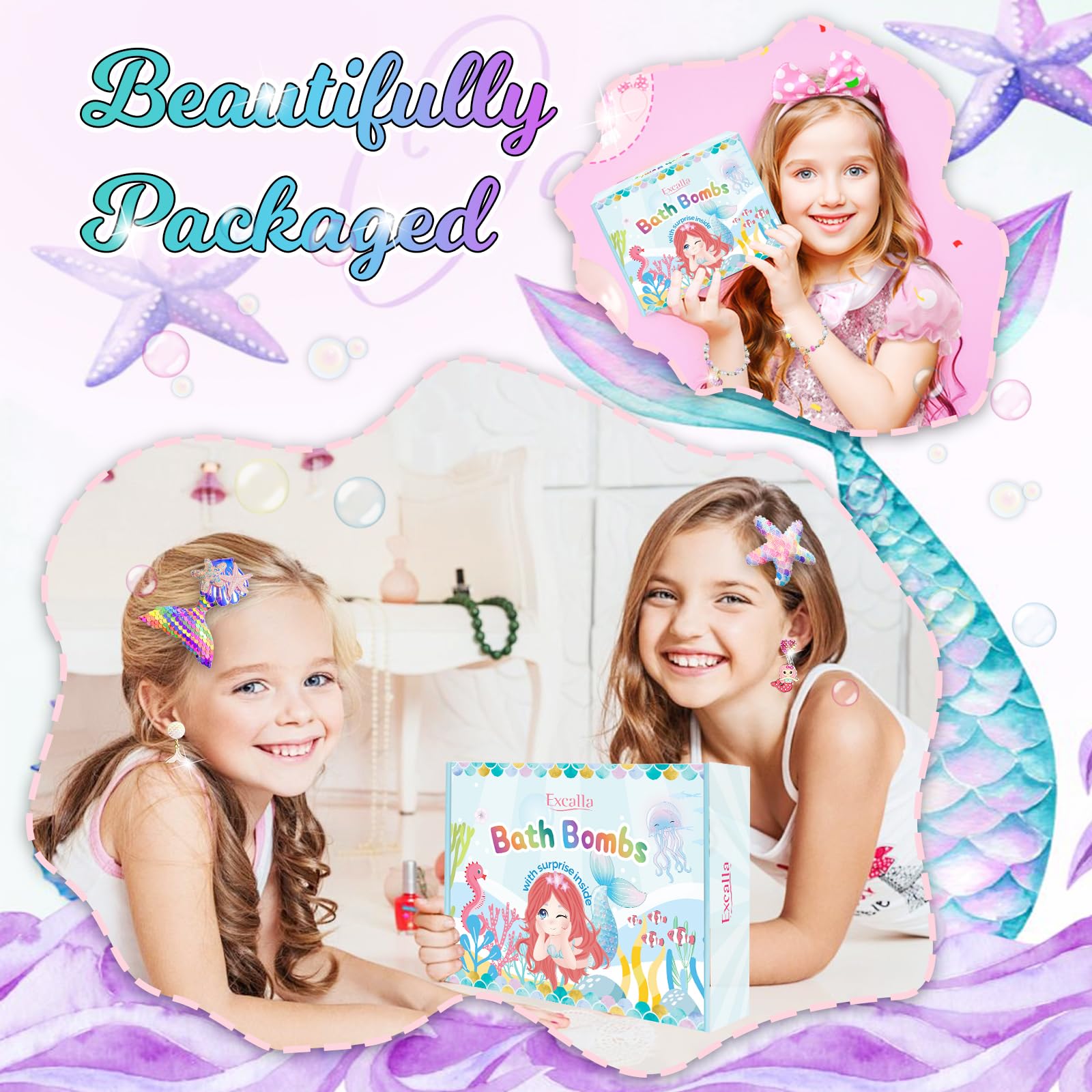 Excalla bath bombs include a sequined mermaid tail accessory