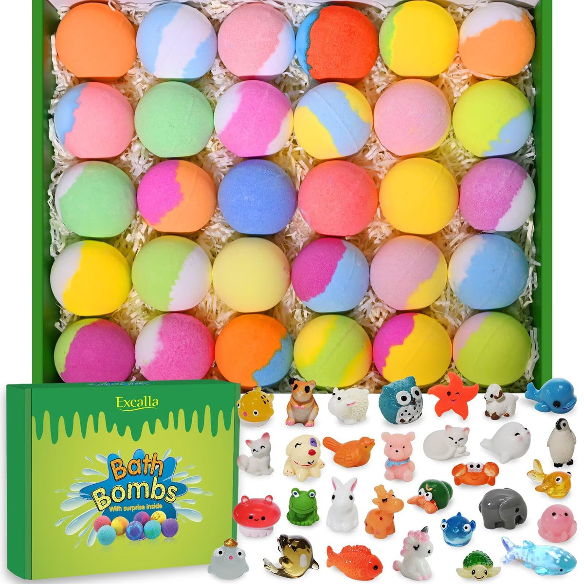 Excalla bath bombs with a surprise toy inside for engaging bath time play.