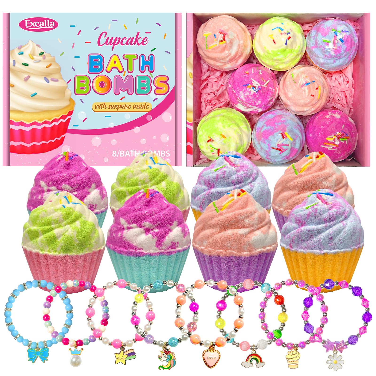 Excalla cupcake bath bomb with toy inside creates bubbly, colorful bath for kids.