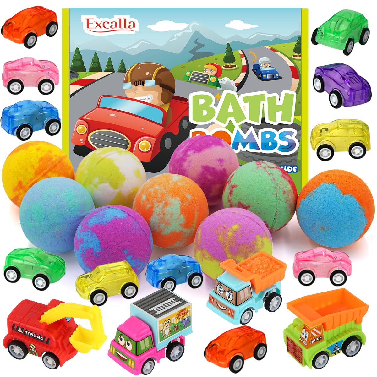 Excalla kids bath bombs with pull-back cars inside for playful bath time.