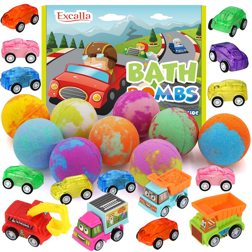 Excalla kids bath bombs with pull-back cars inside for playful bath time.