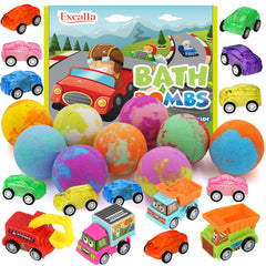 Excalla kids bath bombs with pull-back cars inside for playful bath time.