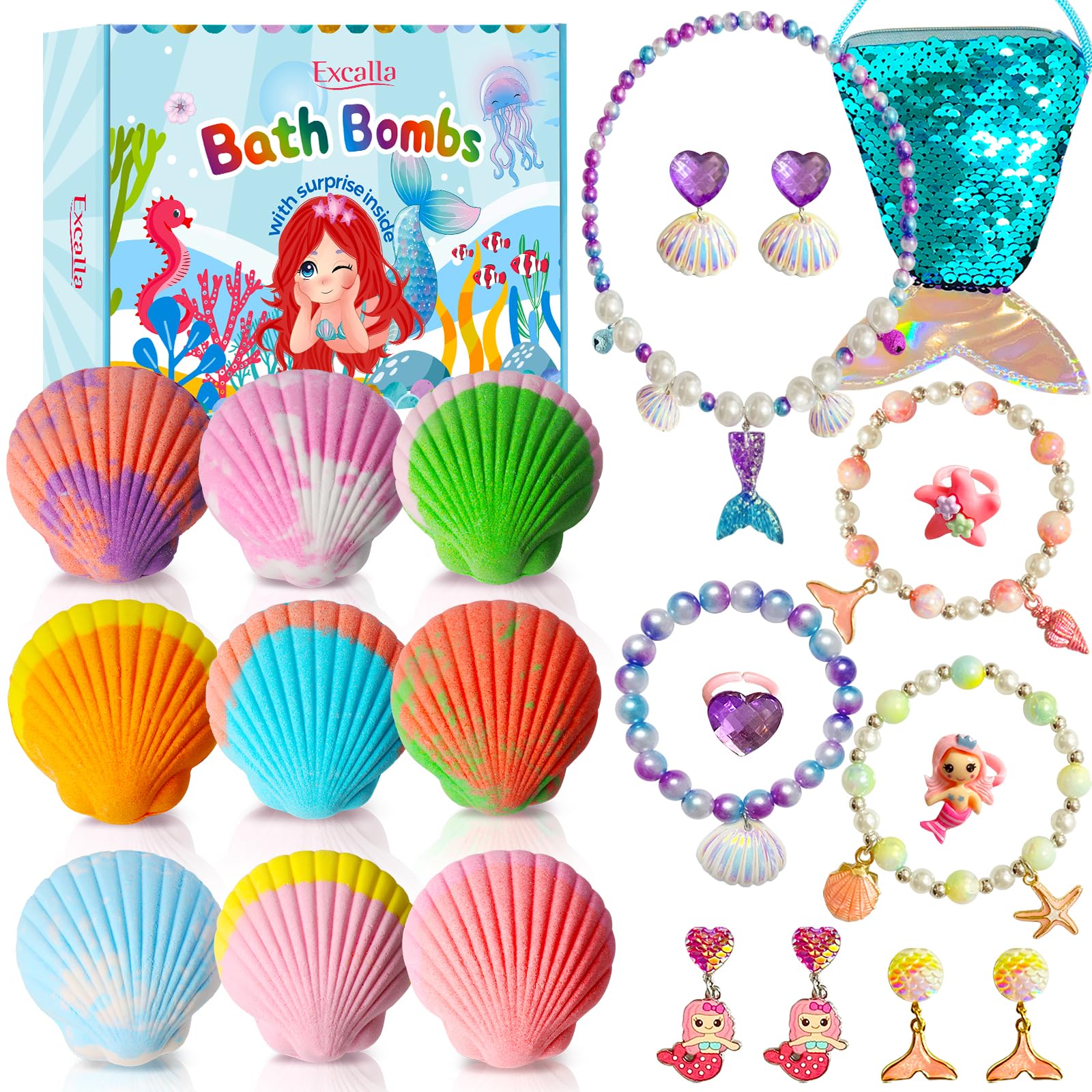 Excalla Mermaid Bath Bombs include a sequin jewelry bag