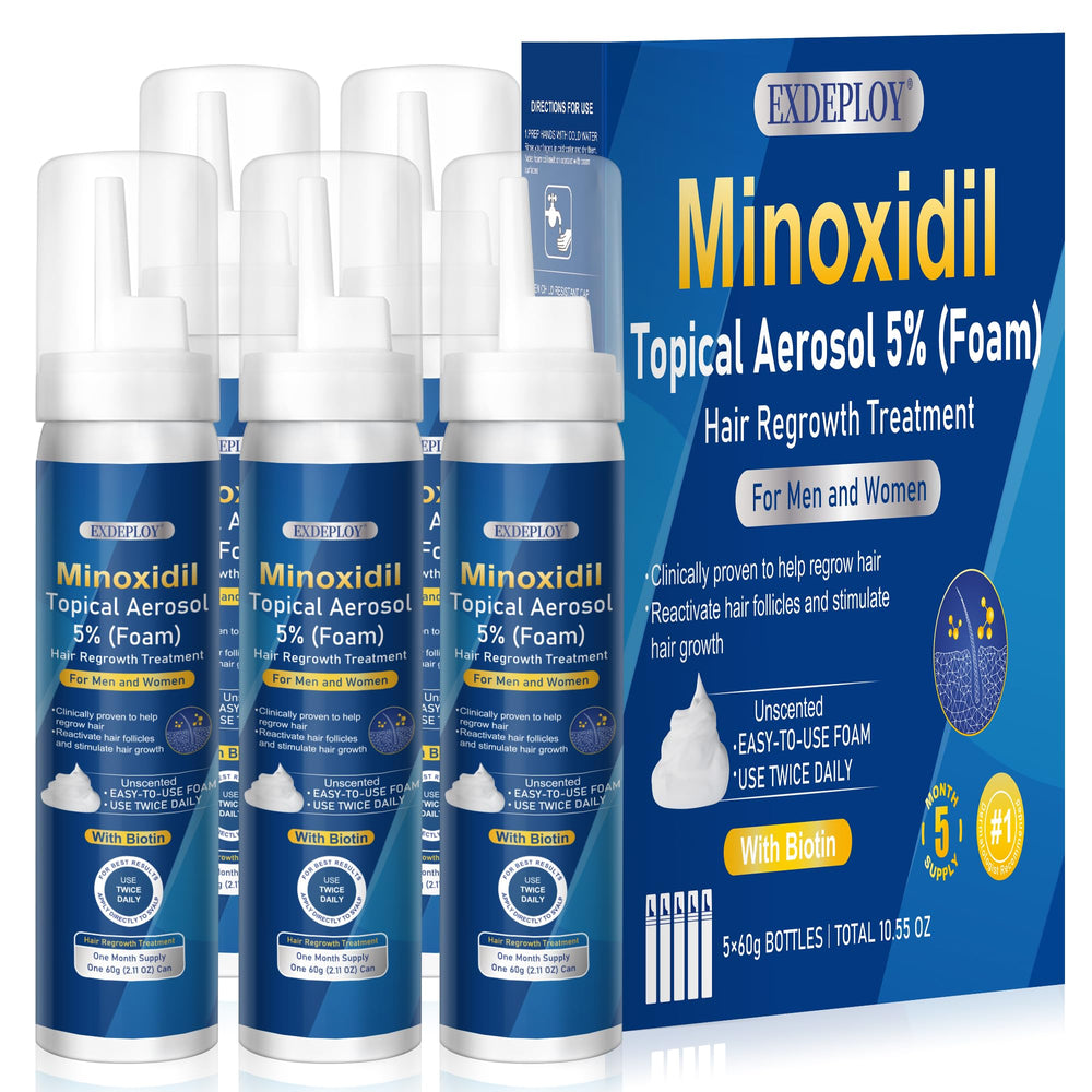 Exdeploy minoxidil foam bottle close-up showing 5% strength for hair support