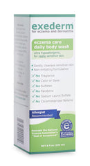Exederm body wash bottle shown pouring, gentle cleanse for sensitive skin.