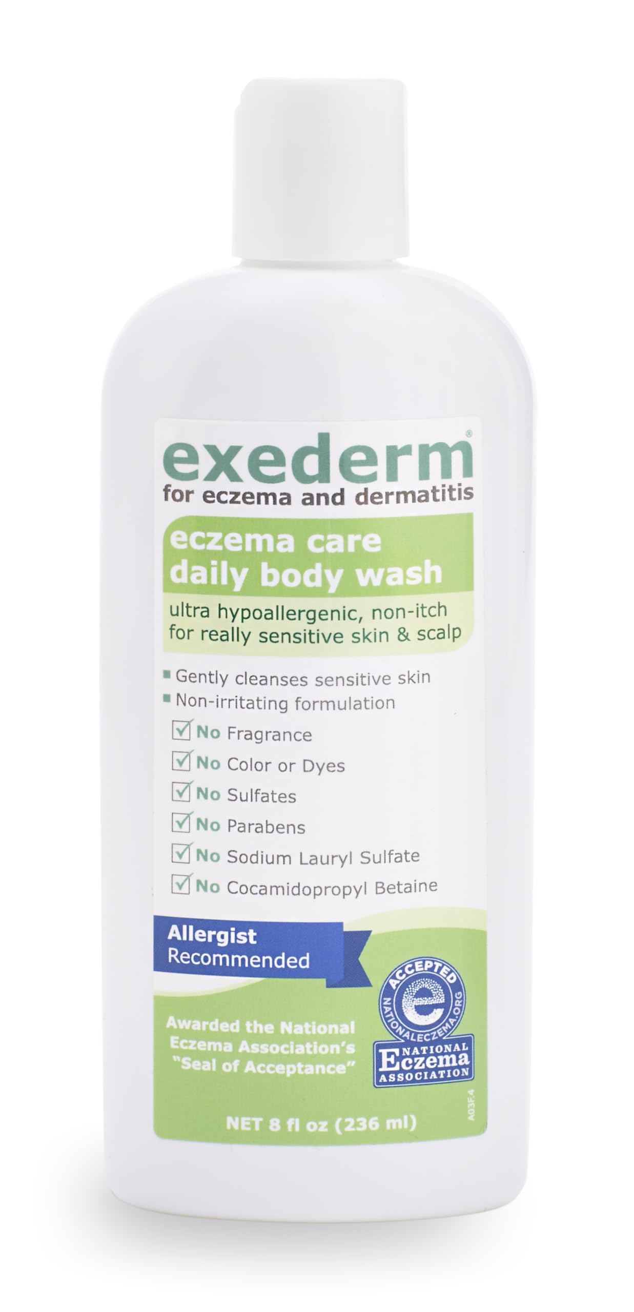 Exederm foamy lather on skin demonstrates gentle daily cleansing for dry, itchy areas.