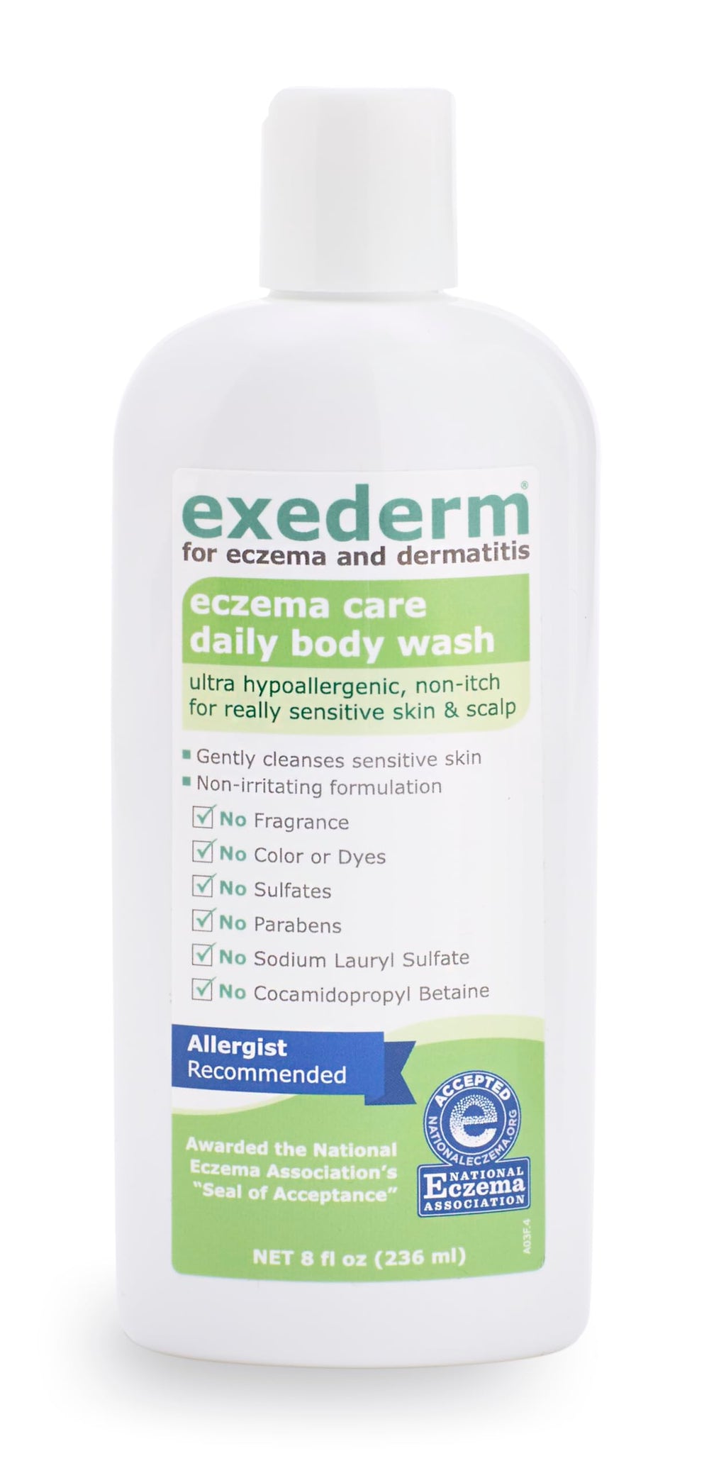 Exederm foamy lather on skin demonstrates gentle daily cleansing for dry, itchy areas.