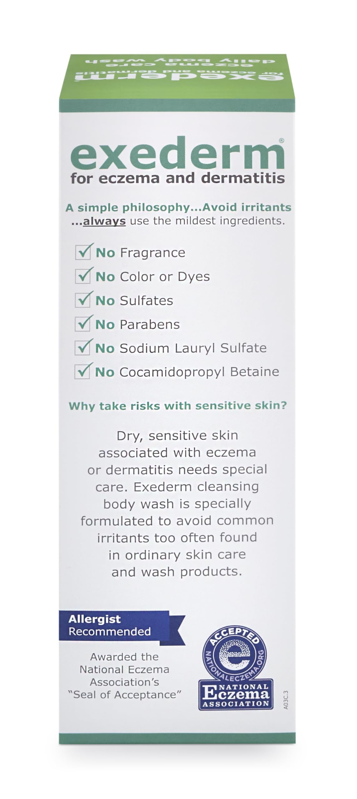 Exederm label closeup showing hypoallergenic, fragrance-free formula for sensitive skin.