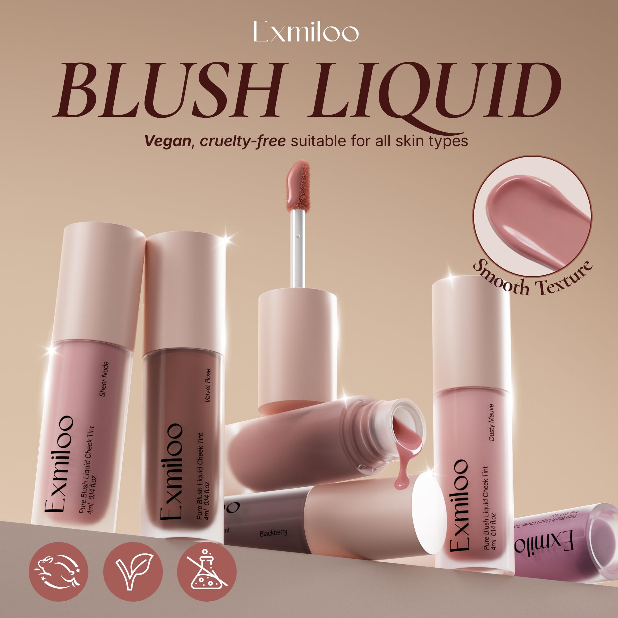 Exmiloo liquid blush compact packaging keeps product clean and portable.