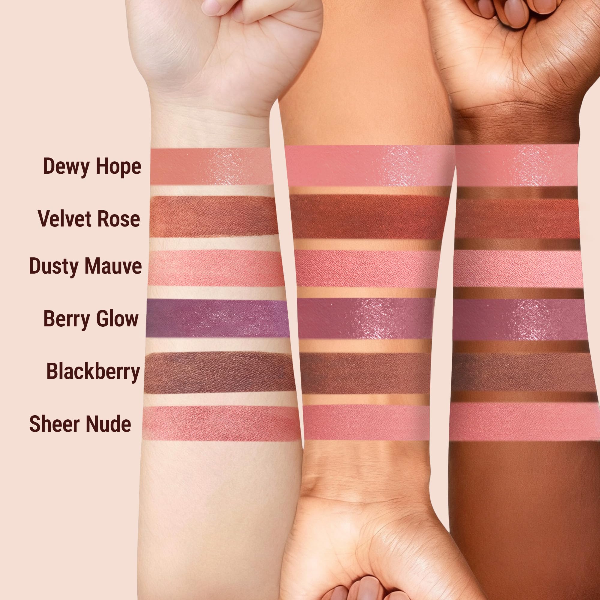 Exmiloo liquid blush can be used on lips for a coordinated look.