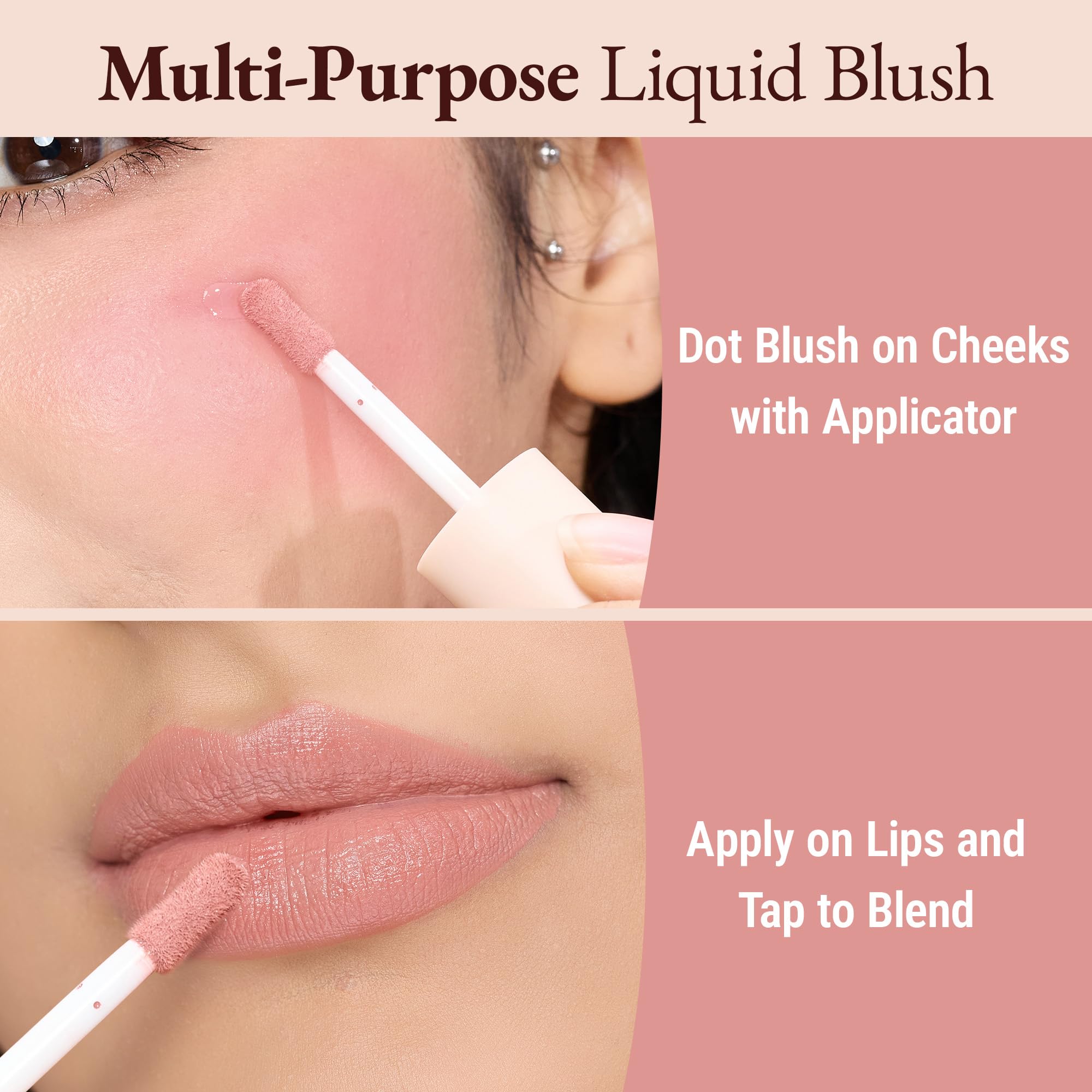 Exmiloo liquid blush creates a natural, harmonious cheek glow.