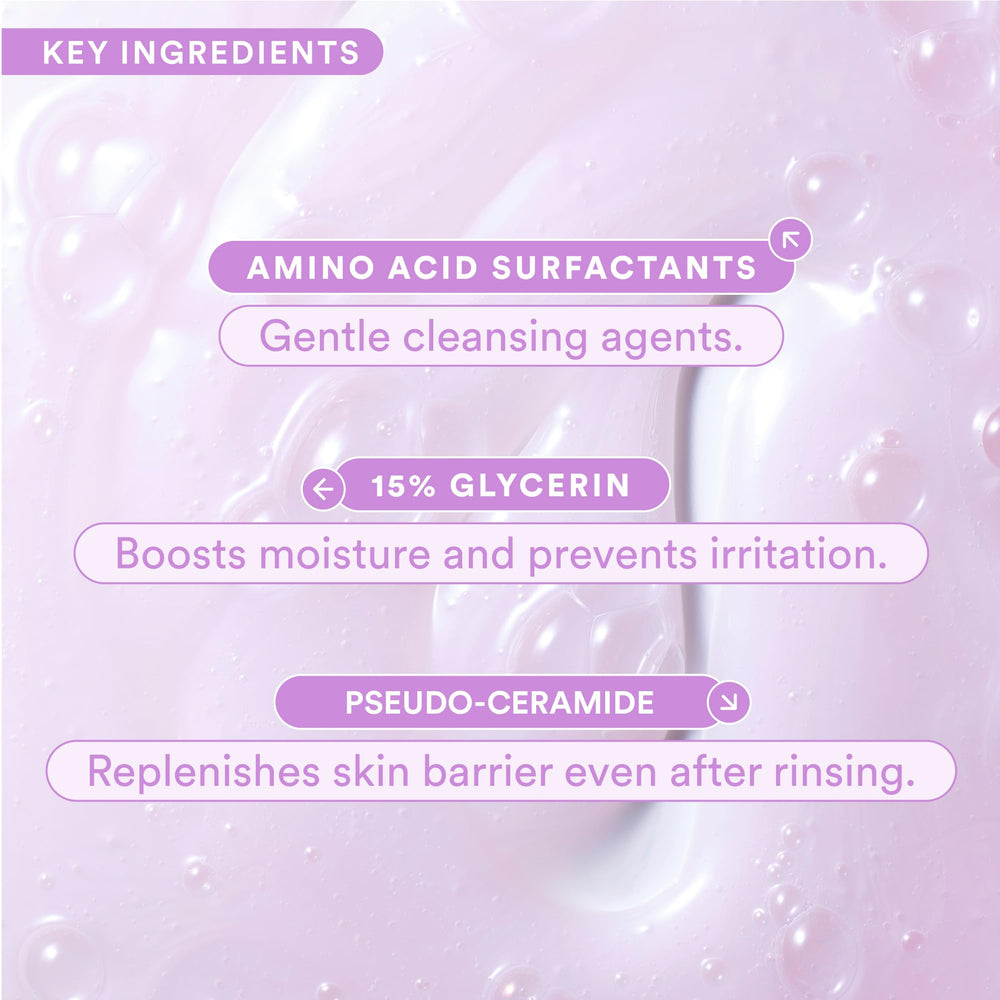 Experiment Plasma Wash ingredients close-up showing glycerin and jojoba oil for moisture