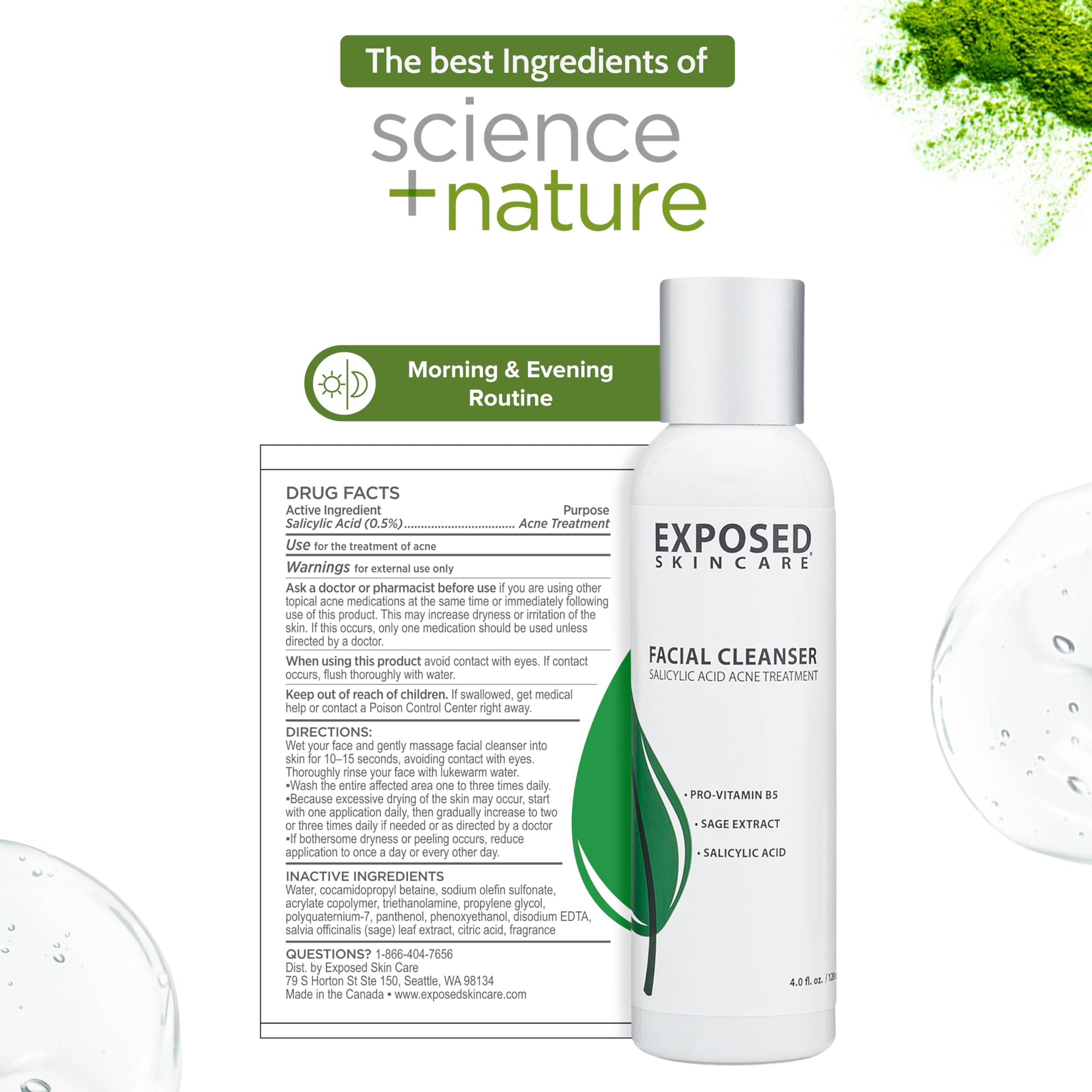 Exposed Skin Care acne cleanser label showing 0.5% salicylic acid for blemish control.