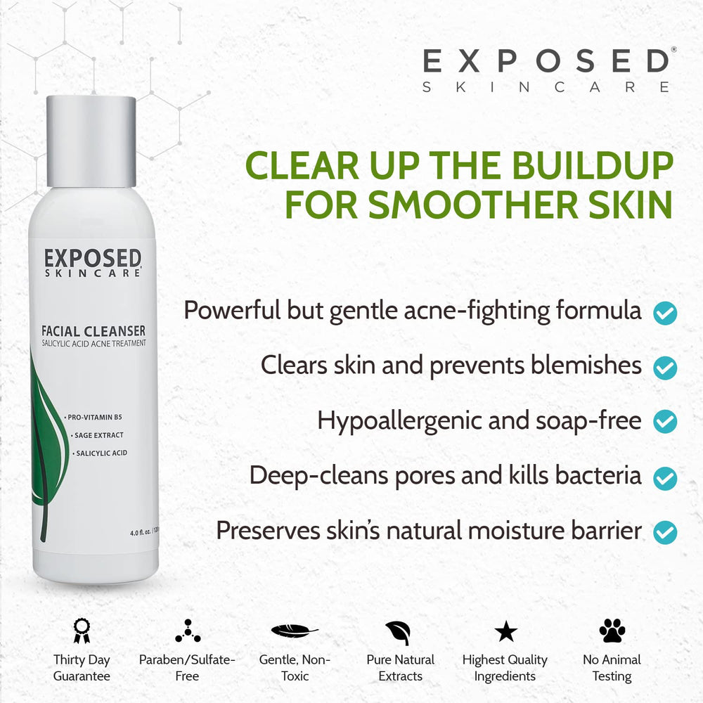 Exposed Skin Care acne cleanser being rinsed for a fresh finish.