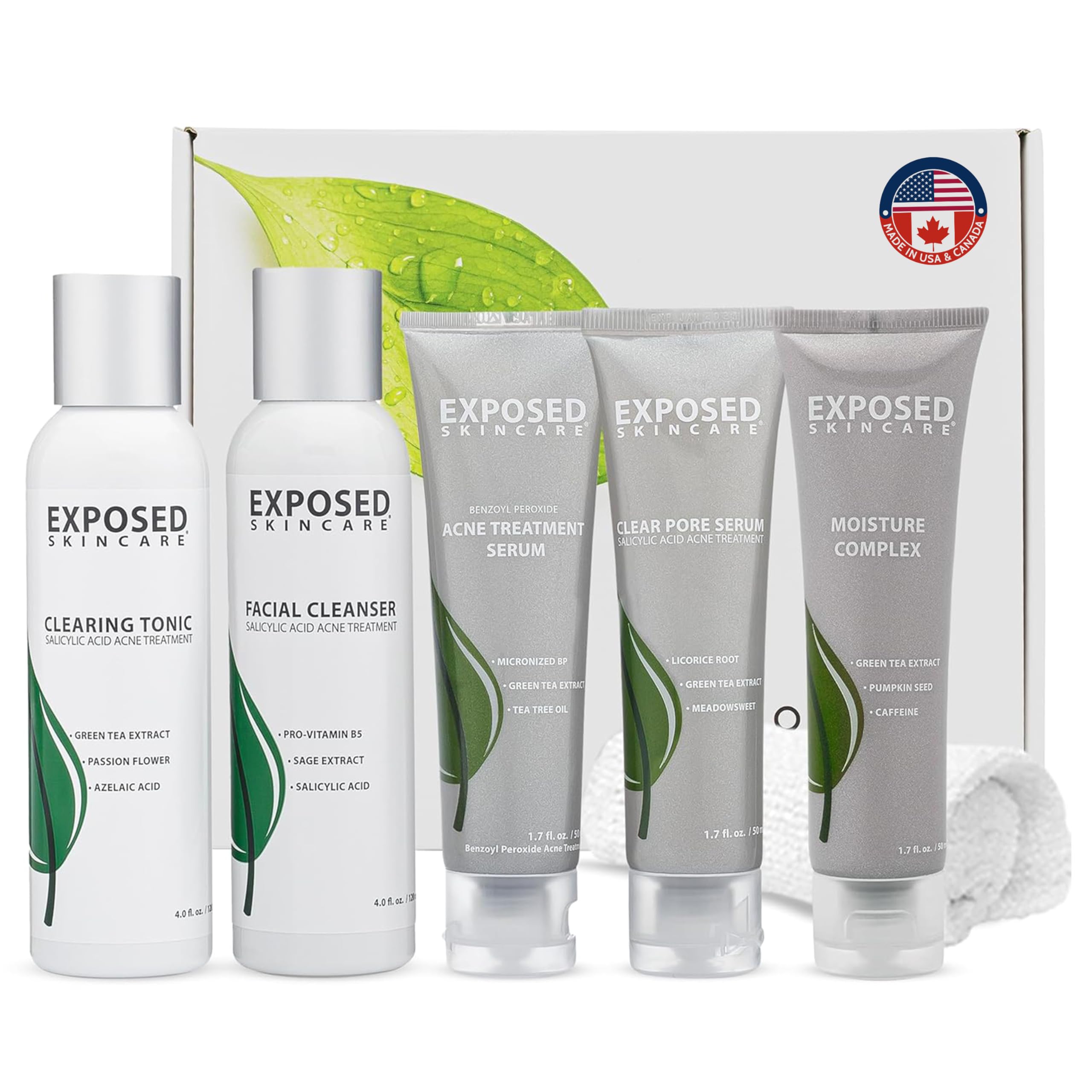 Exposed Skin Care acne kit bottle pour for easy daily use.