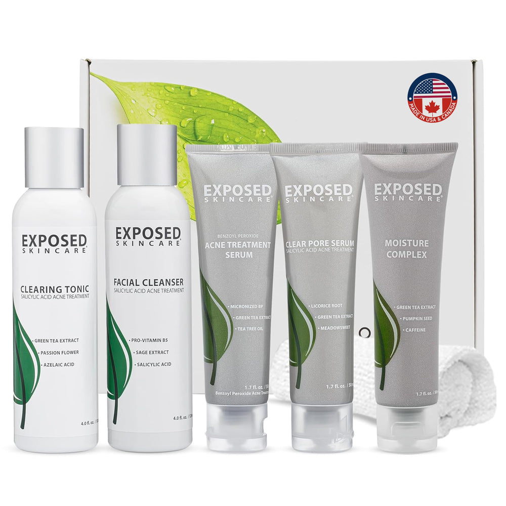 Exposed Skin Care acne kit bottle pour for easy daily use.