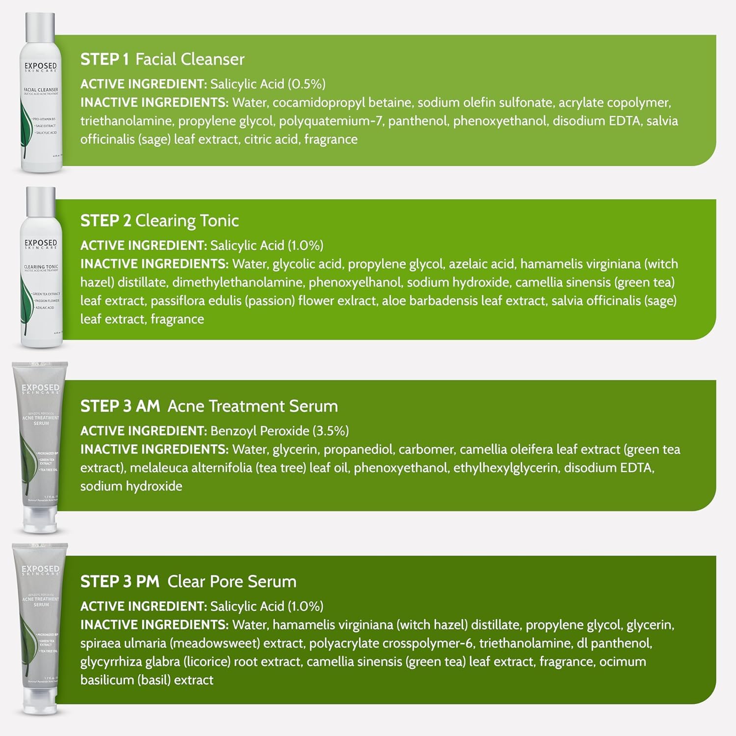 Exposed Skin Care kit routine setup on a bathroom counter for daily use.
