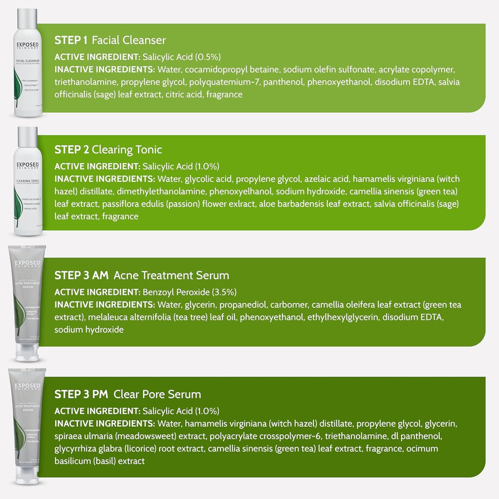 Exposed Skin Care kit routine setup on a bathroom counter for daily use.