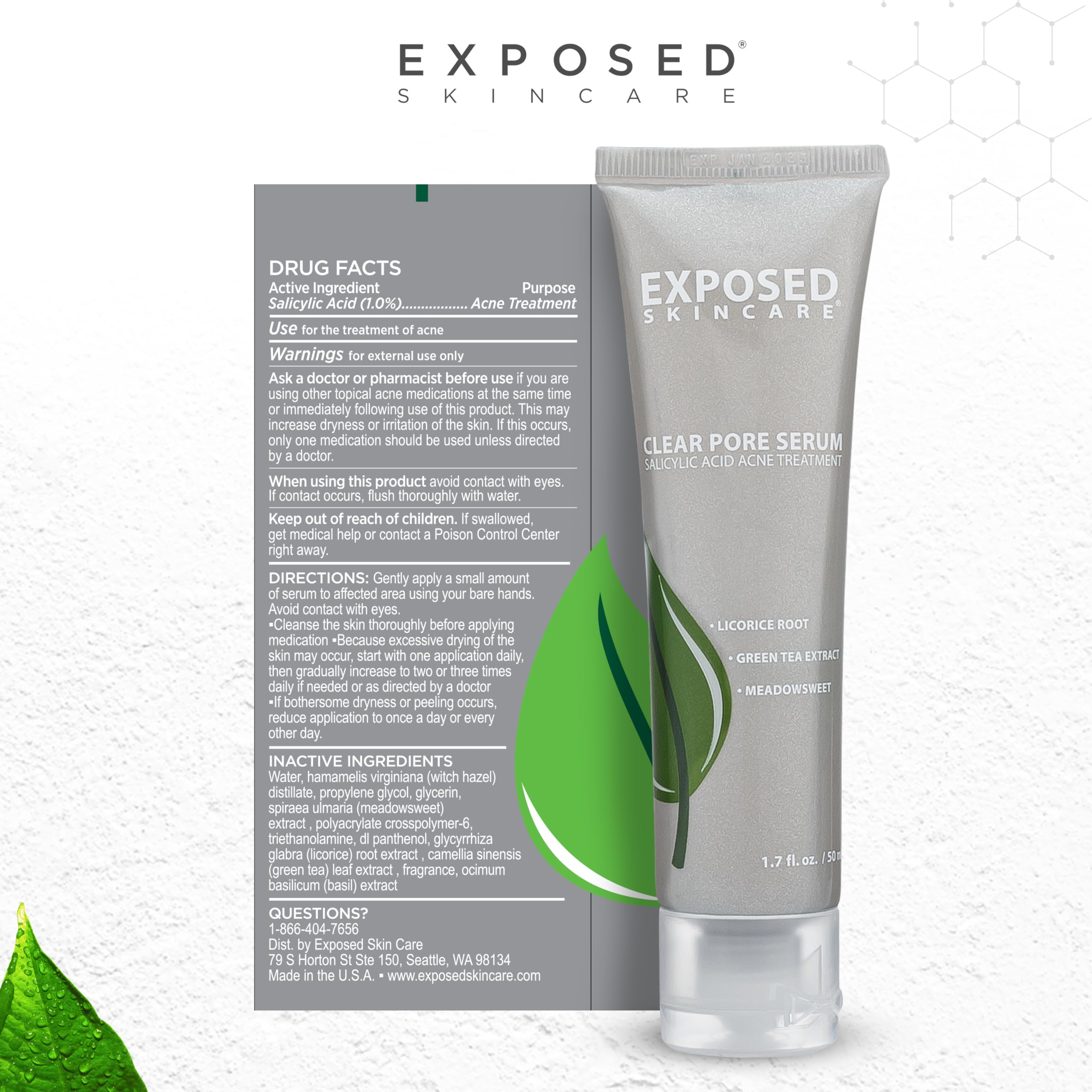Ingredient panel shows green tea and licorice in Exposed Clear Pore Serum.