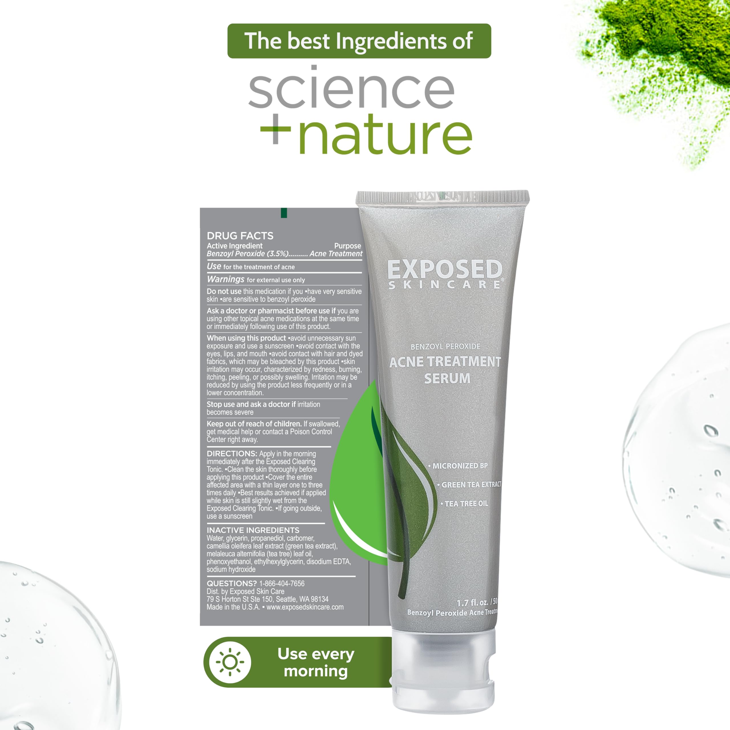 Exposed Skin Care serum texture on fingertip, lightweight and non-greasy.