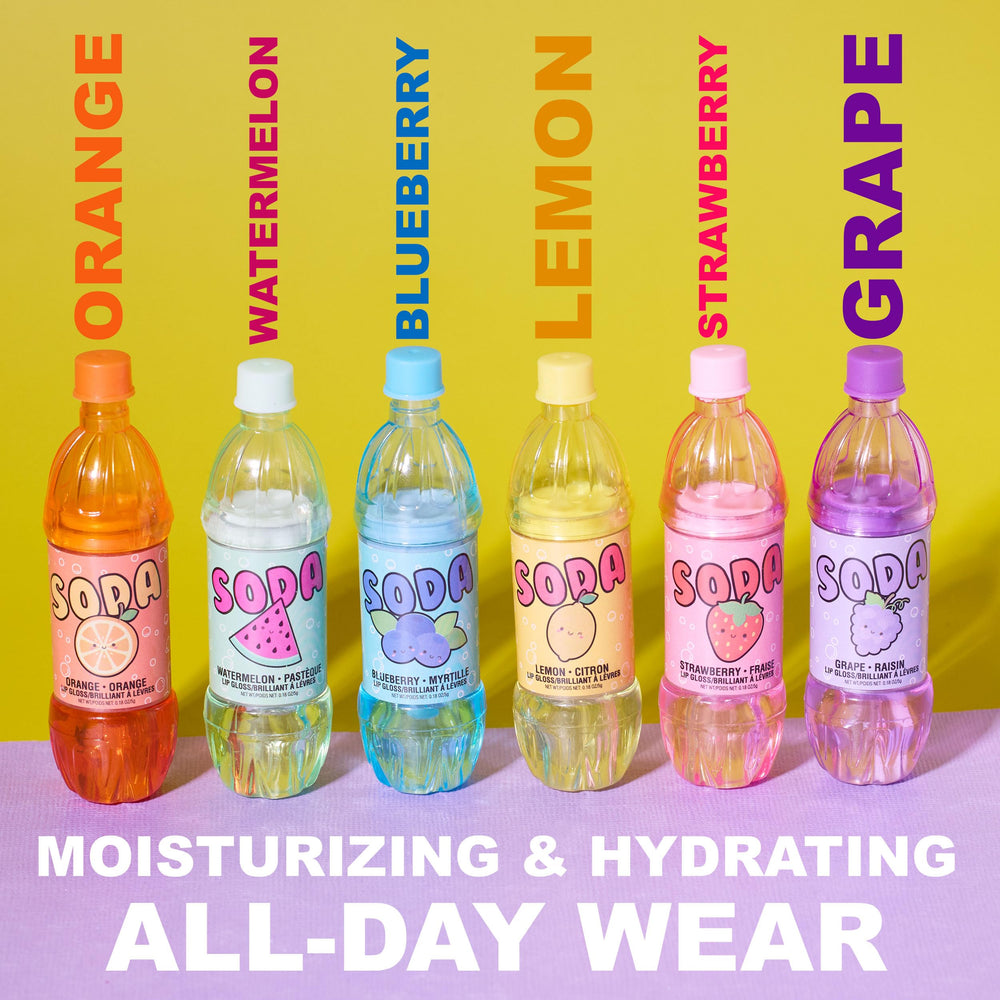 Expressions Soda Pop Lip Gloss lemon bottle, zingy shine and moisture.