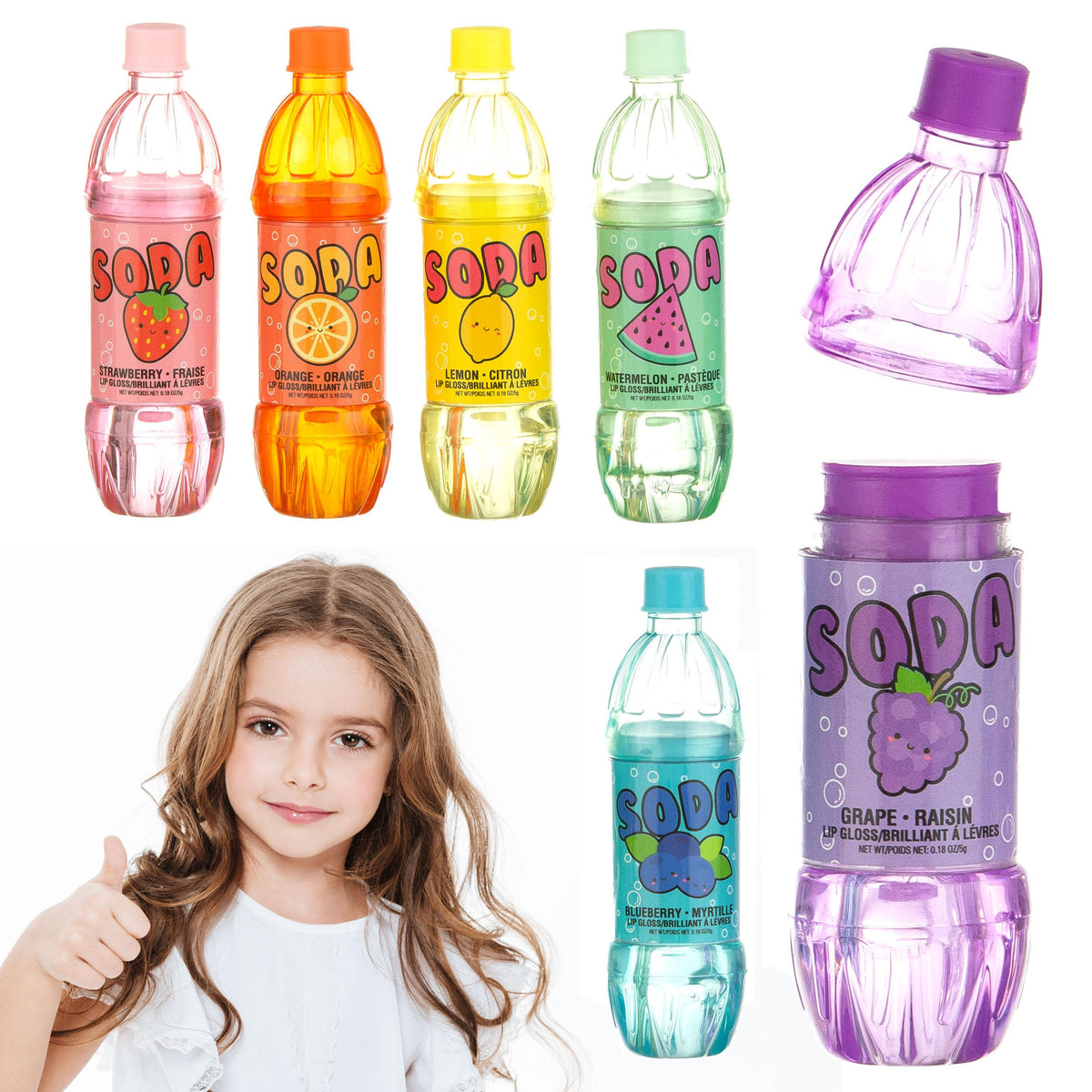 Expressions Soda Pop Lip Gloss strawberry bottle, bright shine and hydration.