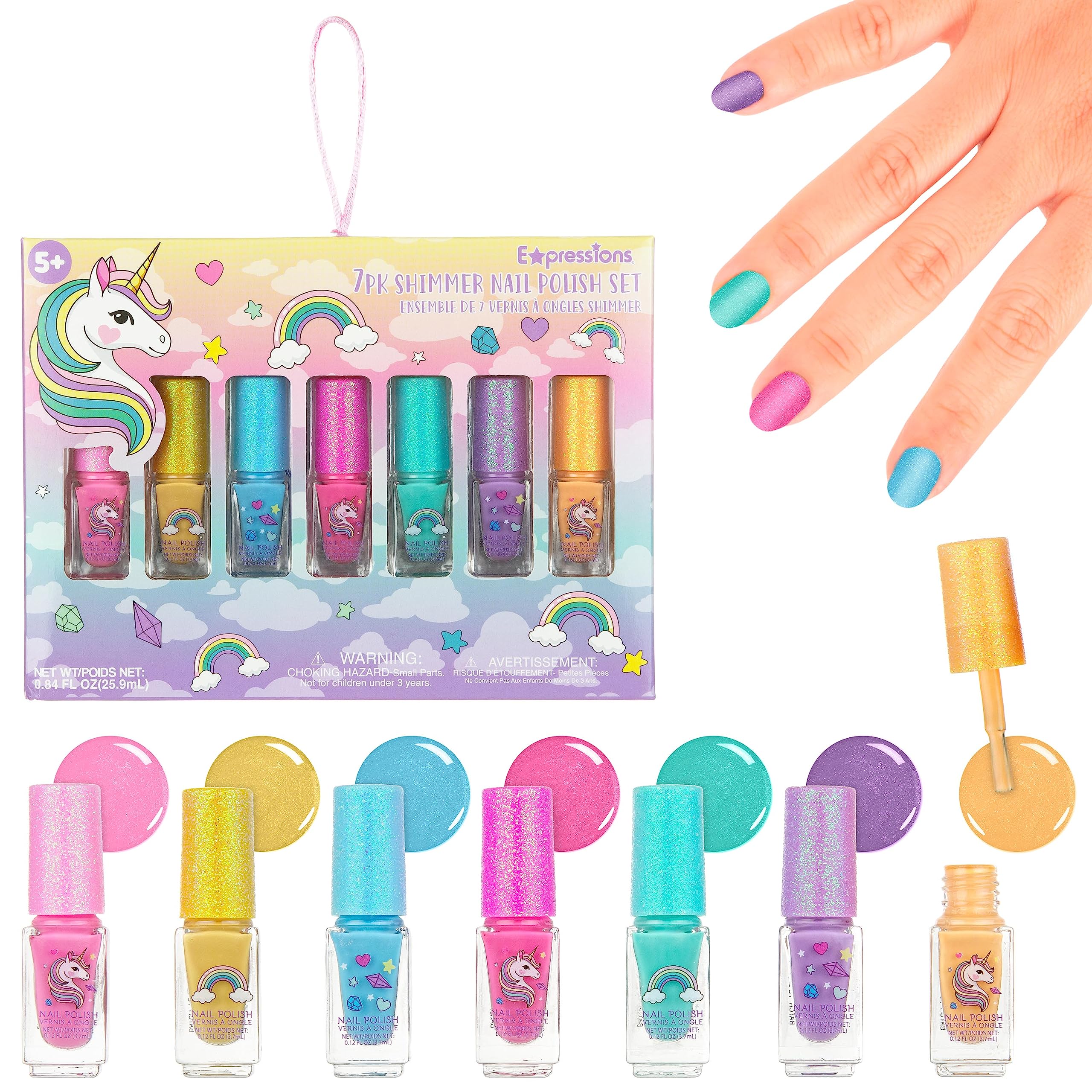 EXPRESSIONS Unicorn Shimmer Nail Polish Set bottle closeup, vibrant hues for kids' manicures.