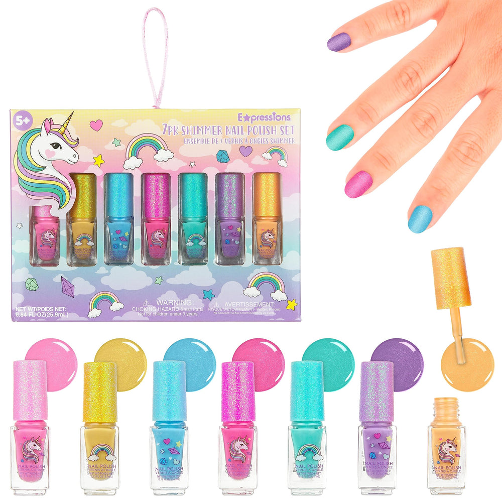 EXPRESSIONS Unicorn Shimmer Nail Polish Set bottle closeup, vibrant hues for kids' manicures.