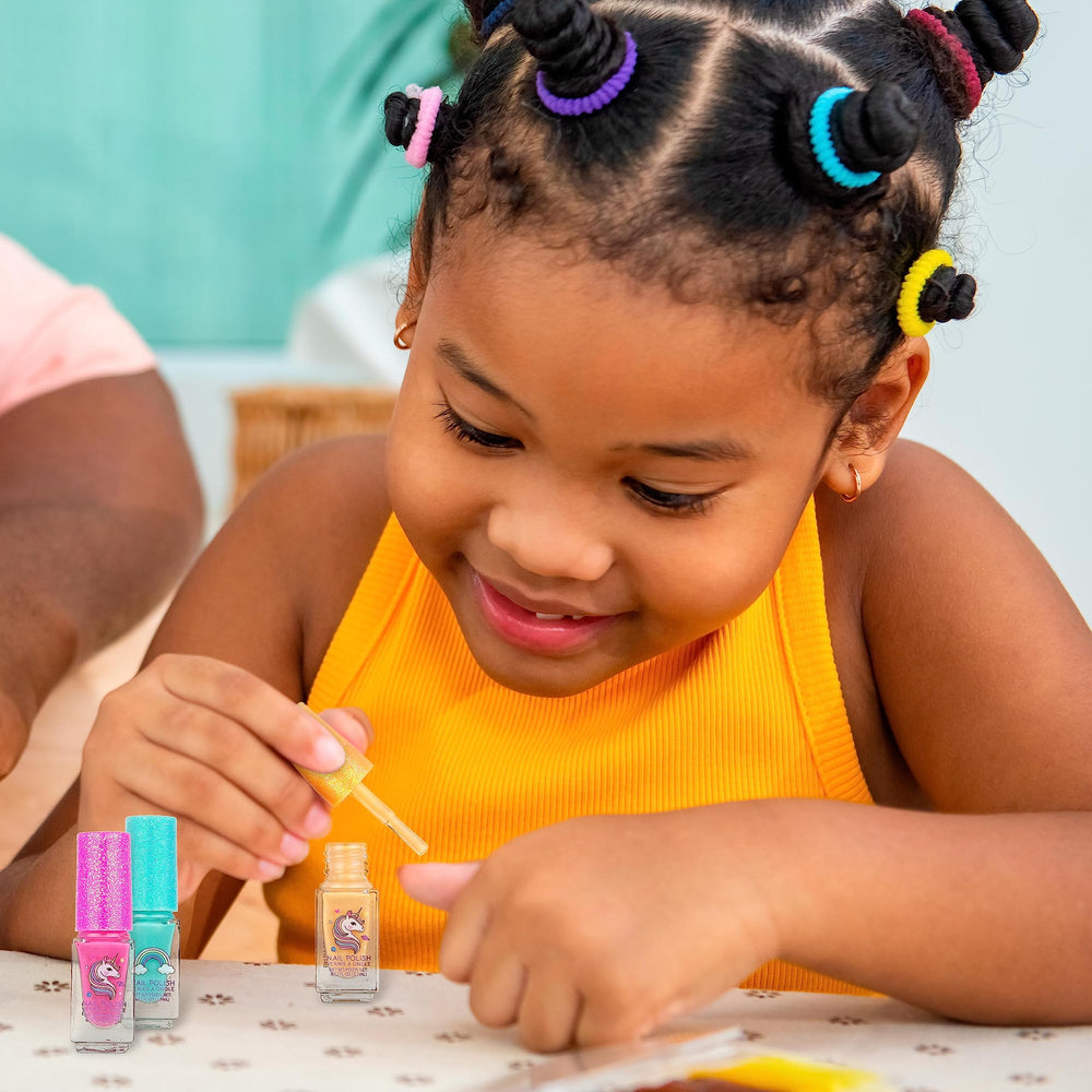 EXPRESSIONS Unicorn Shimmer Nail Polish Set glitter-cap detail, easy grip for tiny hands.