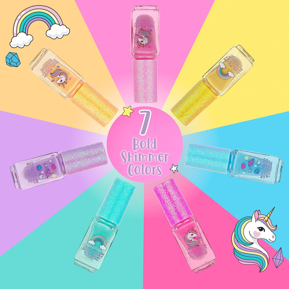 EXPRESSIONS Unicorn Shimmer Nail Polish Set kid applying nails, safe water-based formula.
