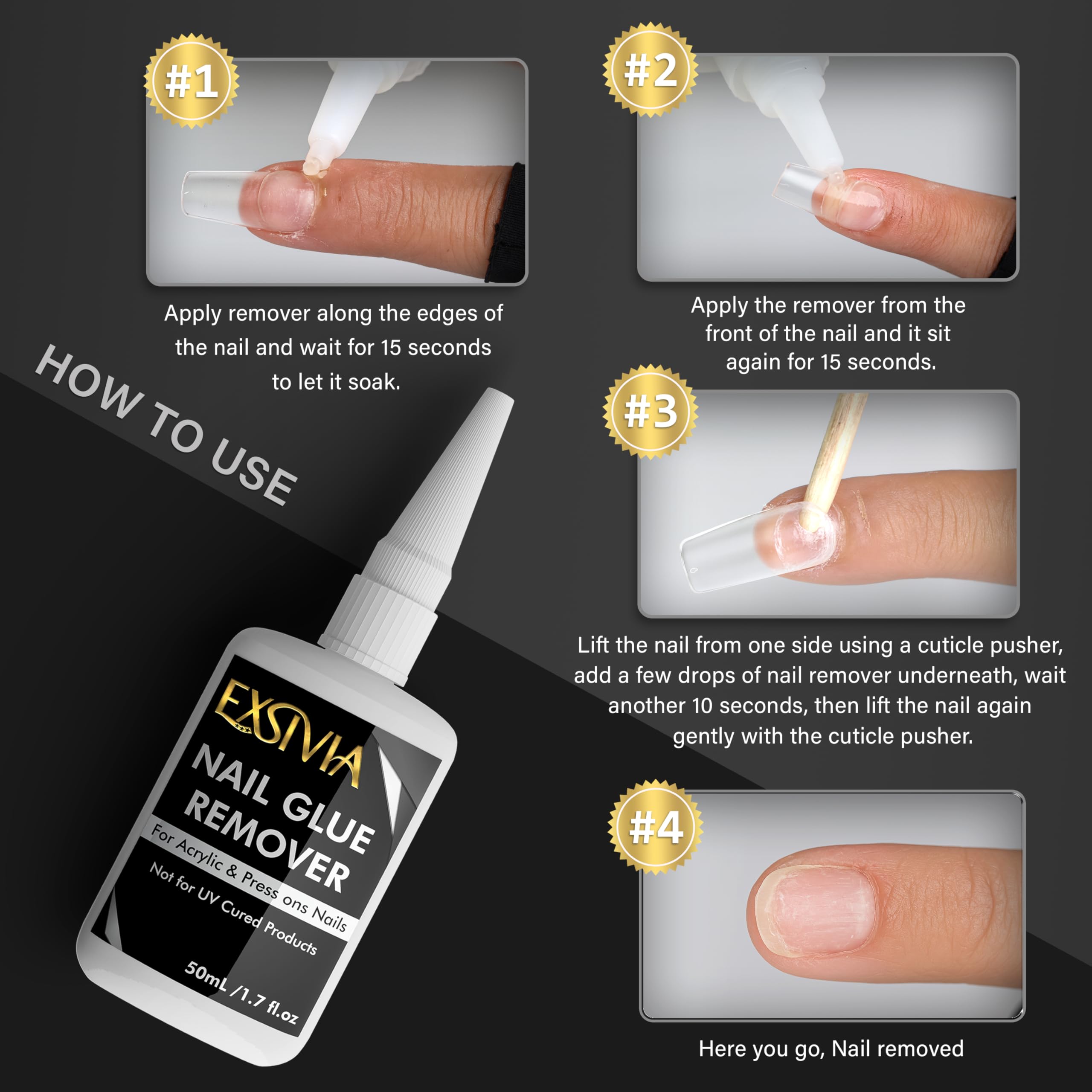 Application close-up showing Exsivia remover on a press-on nail.