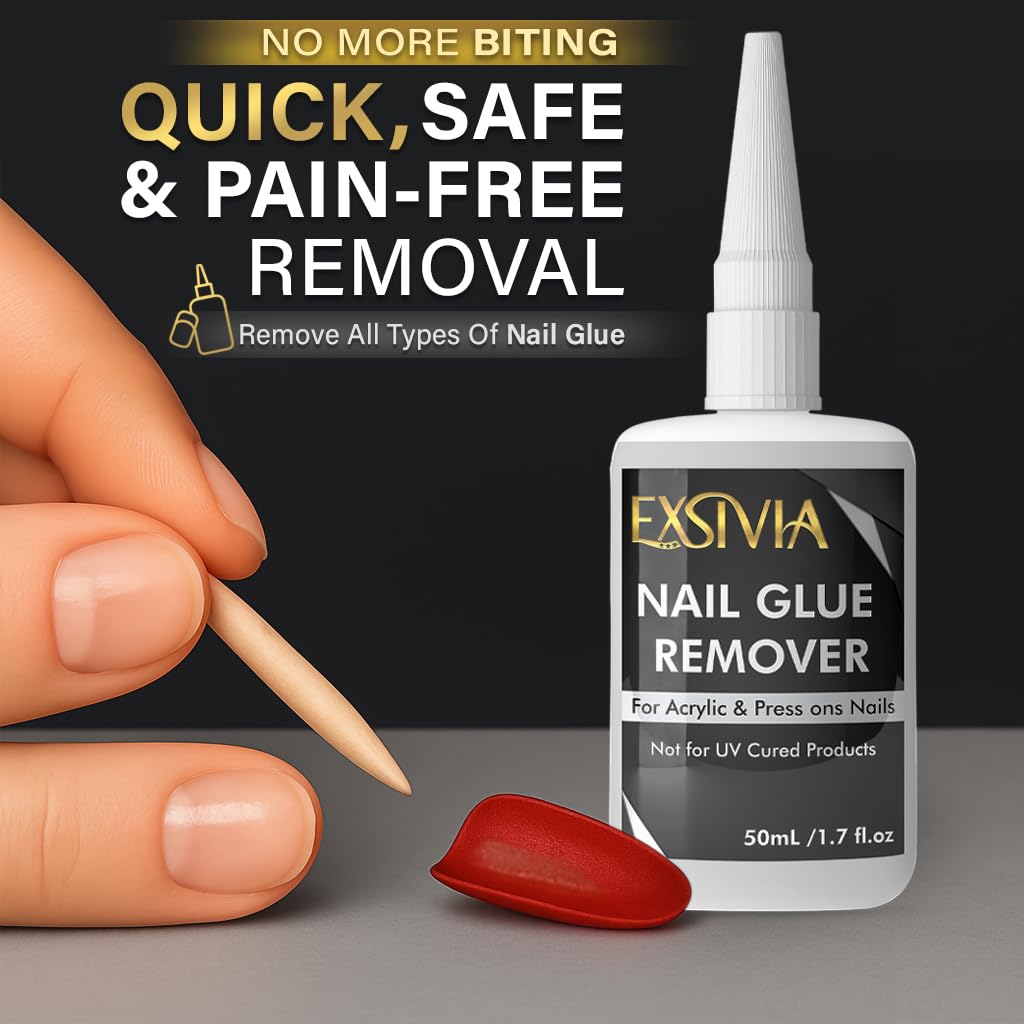 Removing press-on nails with Exsivia remover for controlled style changes.