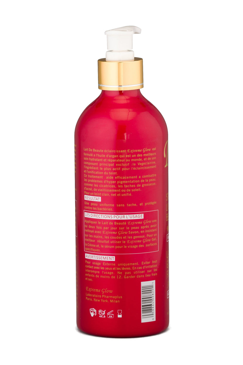 Packaging and label of Extreme Glow strong lightening beauty milk Paris origin