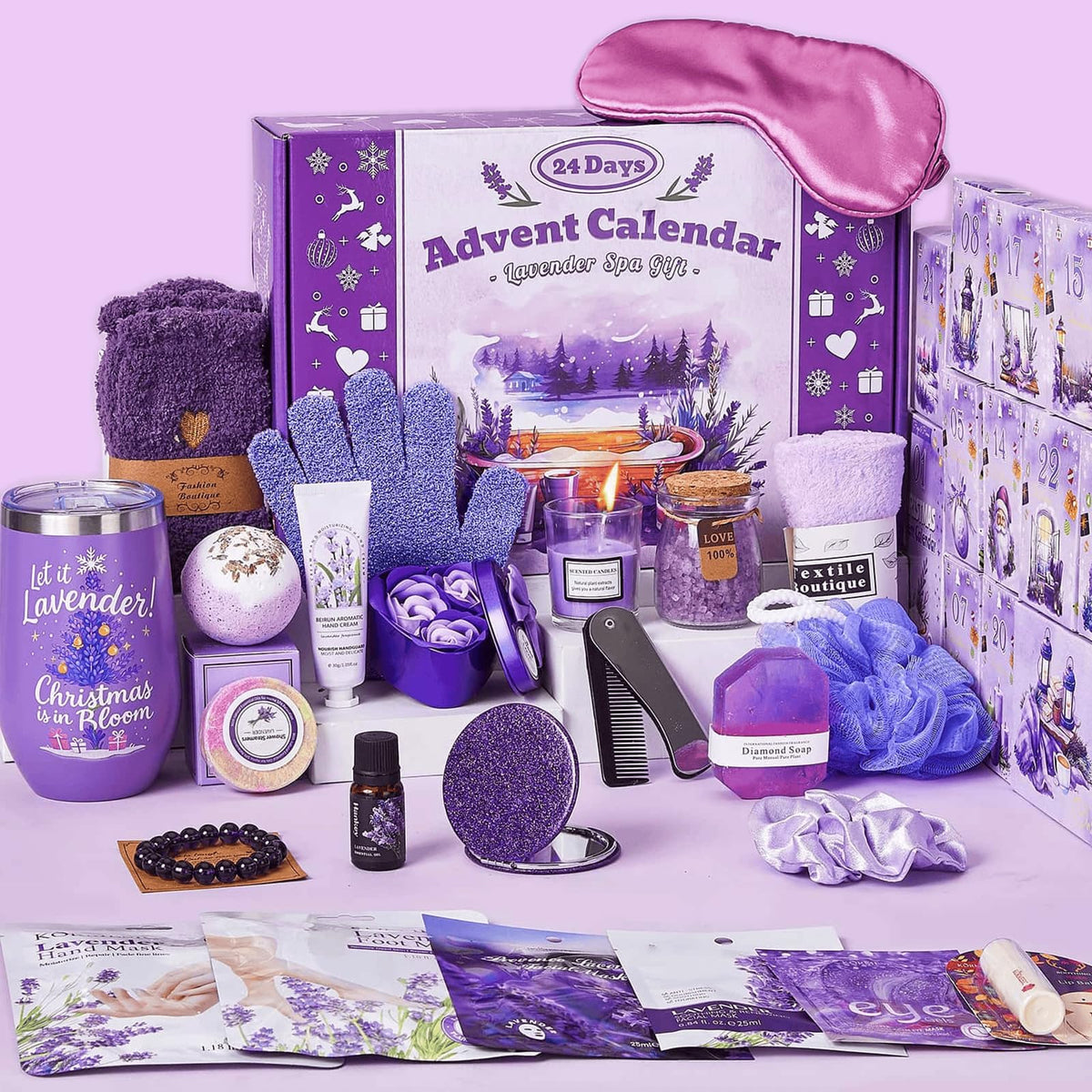 Exun Advent Calendar 2025 front box showcases lavender spa gifts, ideal for a festive countdown.