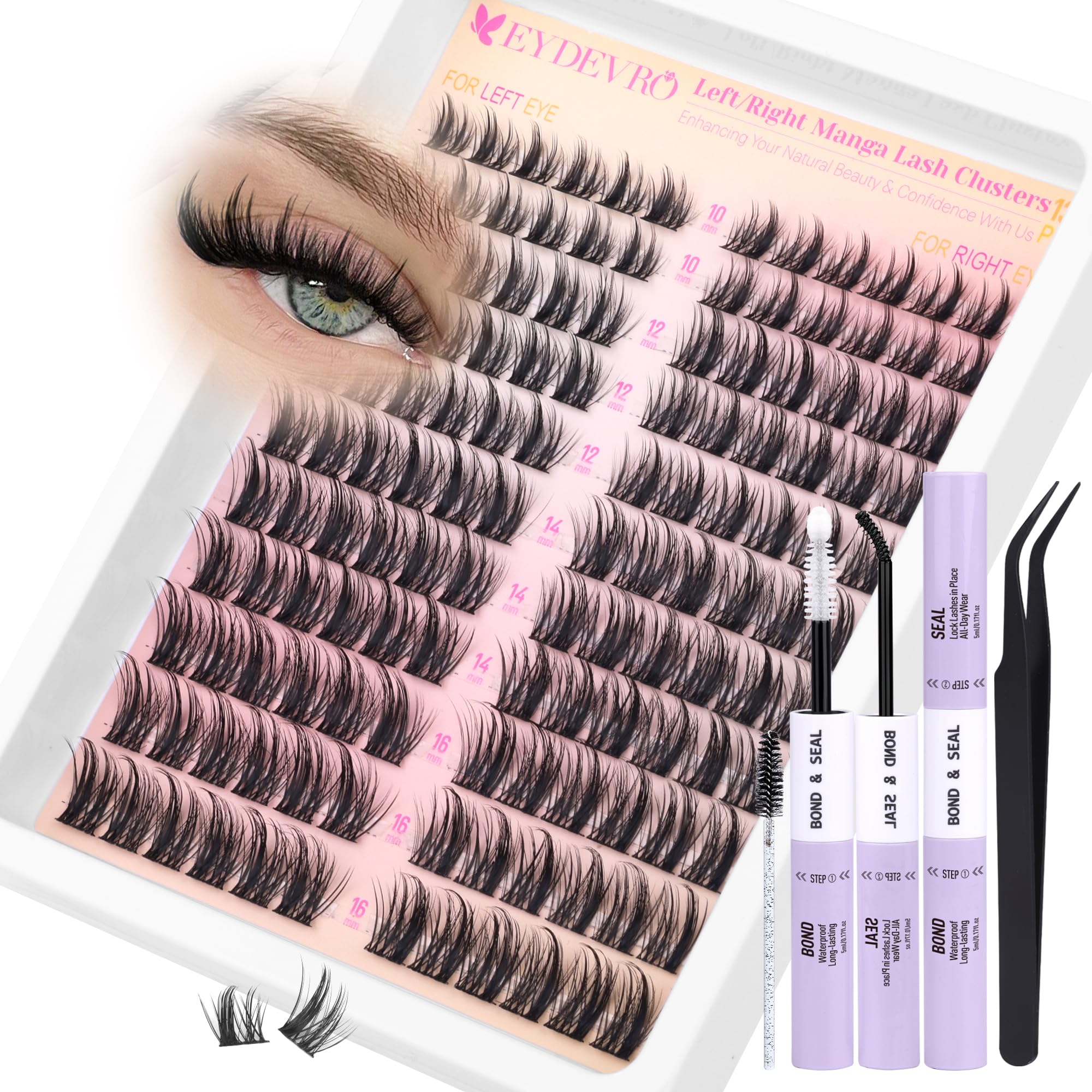 EYDEVRO manga lash clusters kit shows left and right symmetry for authentic anime eyes