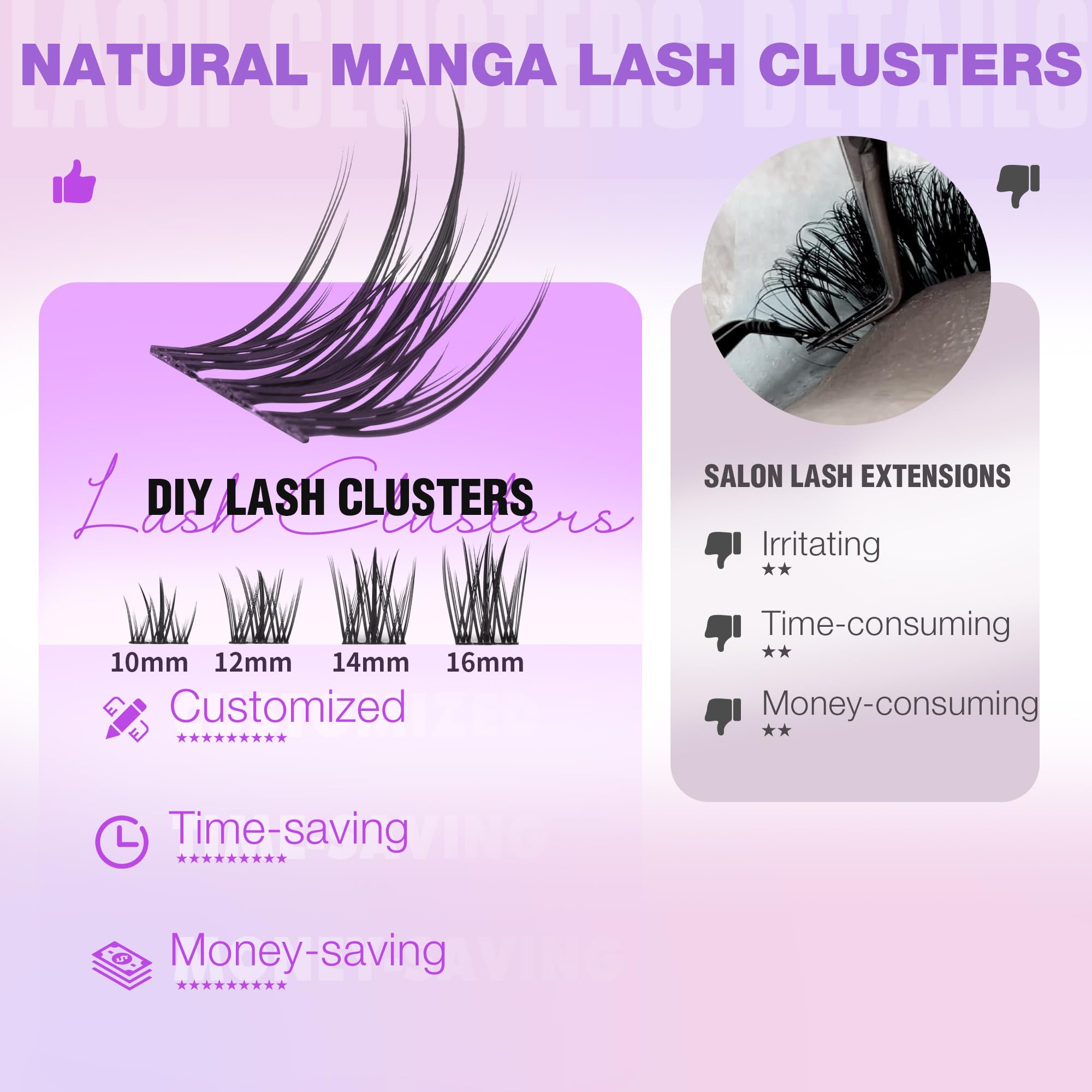EYDEVRO manga-look close-up shows wispy, natural-textured clusters for easy home wear.