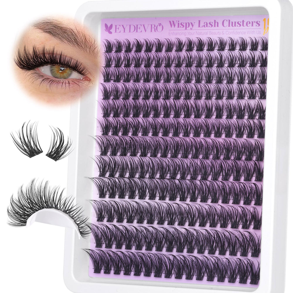 EYDEVRO Wispy Lash Clusters in 9-18mm, 192 pieces, neatly packaged for easy selection.