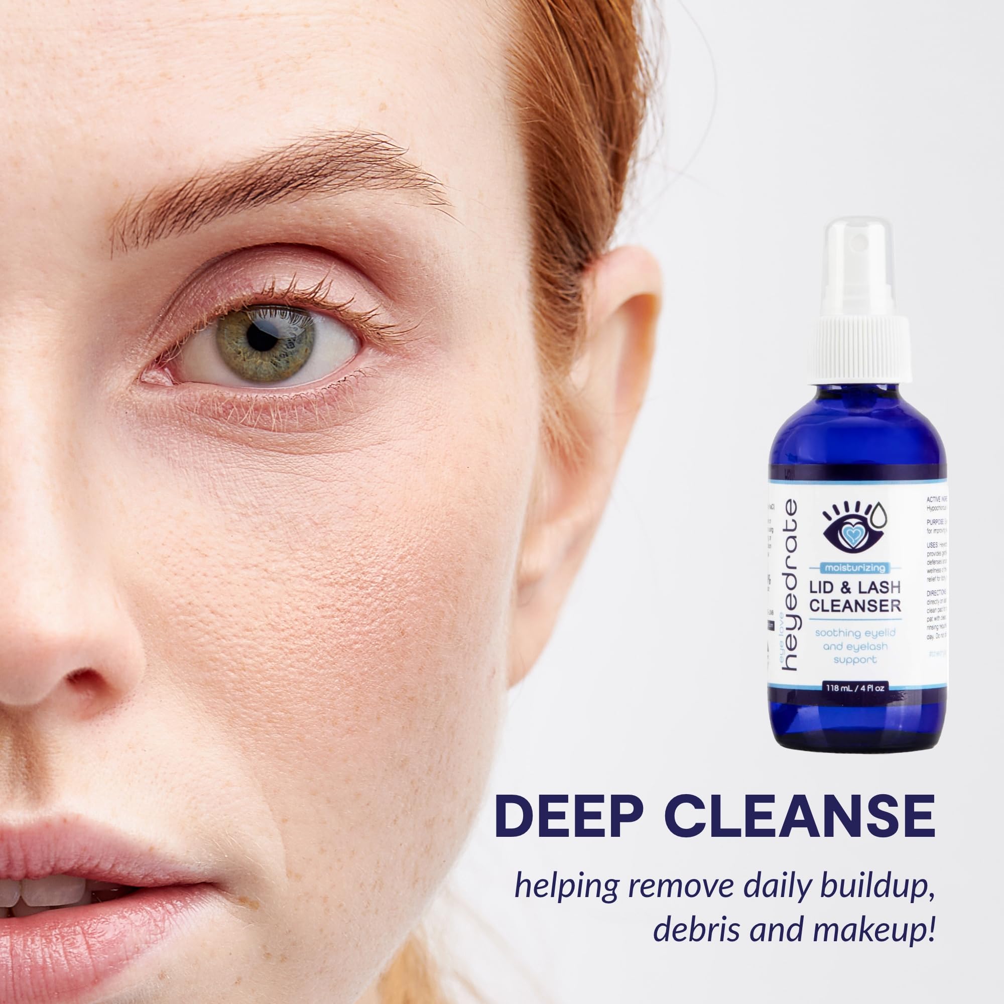 Eye Love HOCL spray close-up demonstrating eyelid cleansing action.