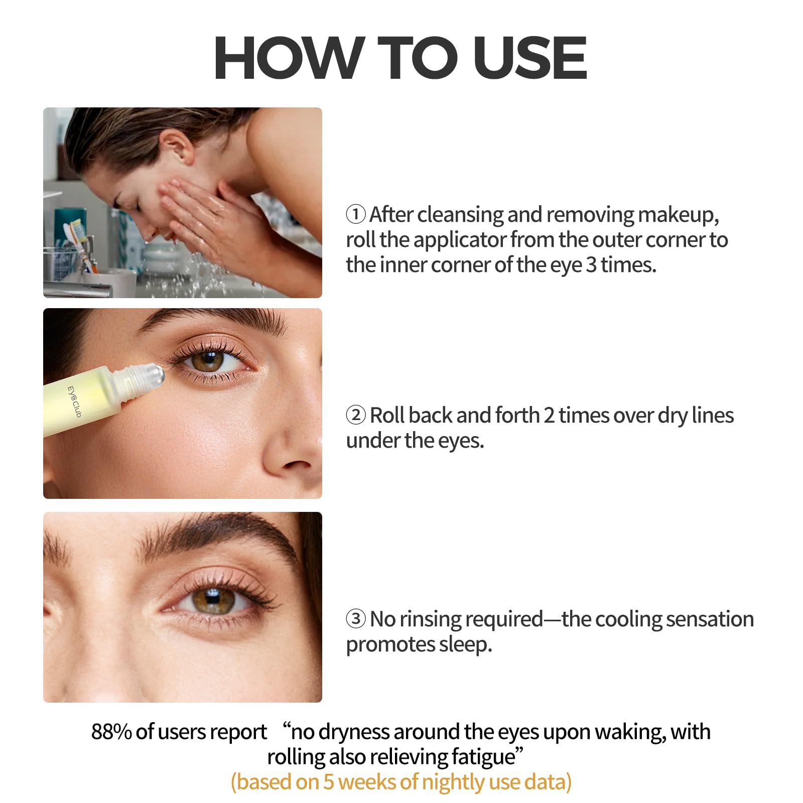 EyeClub morning and evening routine application demonstrating gentle under-eye care.