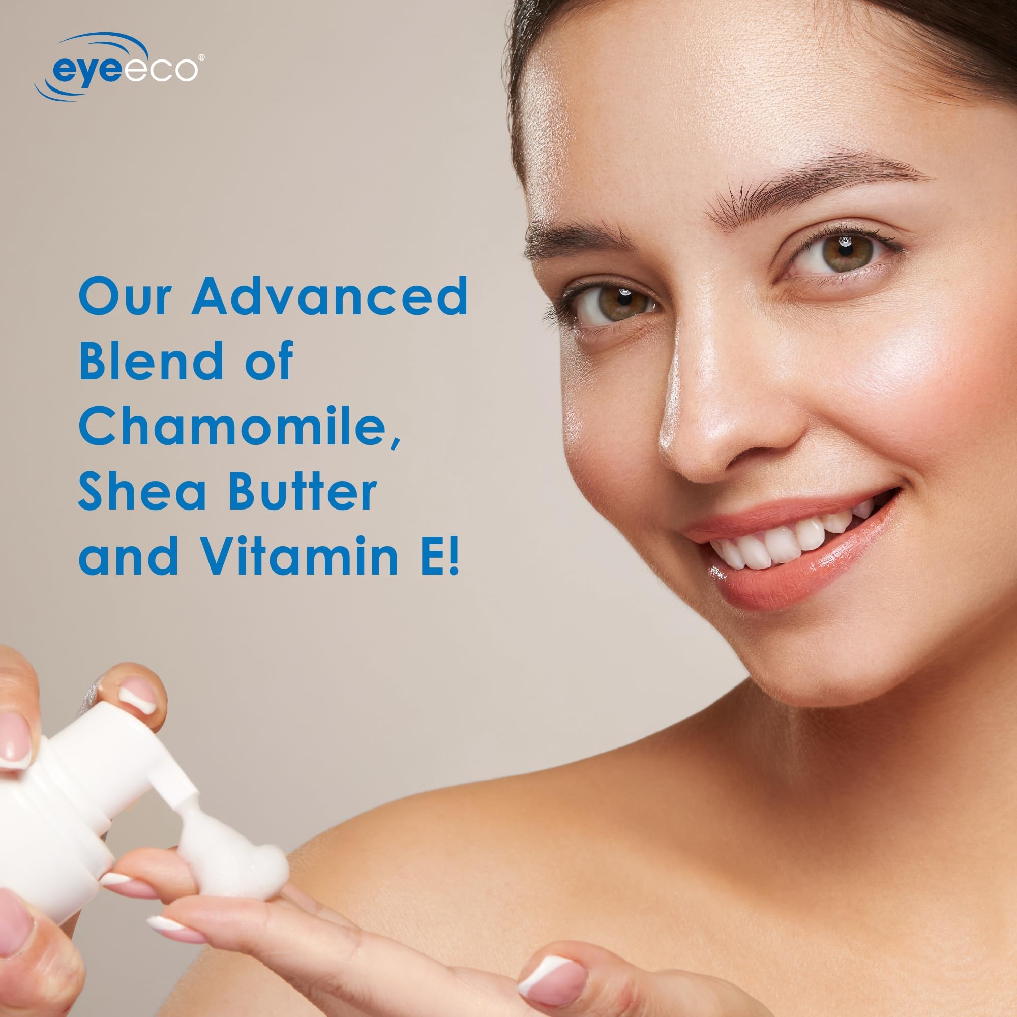 EyeEco cleanser label close-up showing key tea tree and vitamin E ingredients.