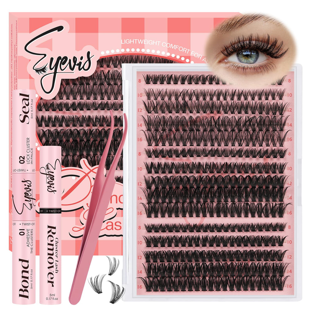 Eyevis lash clusters kit close-up showing premium 30D-50D options for versatile lashes.