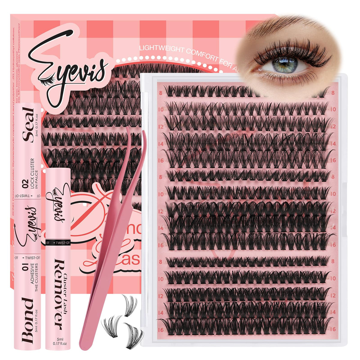Eyevis lash clusters kit close-up showing premium 30D-50D options for versatile lashes.