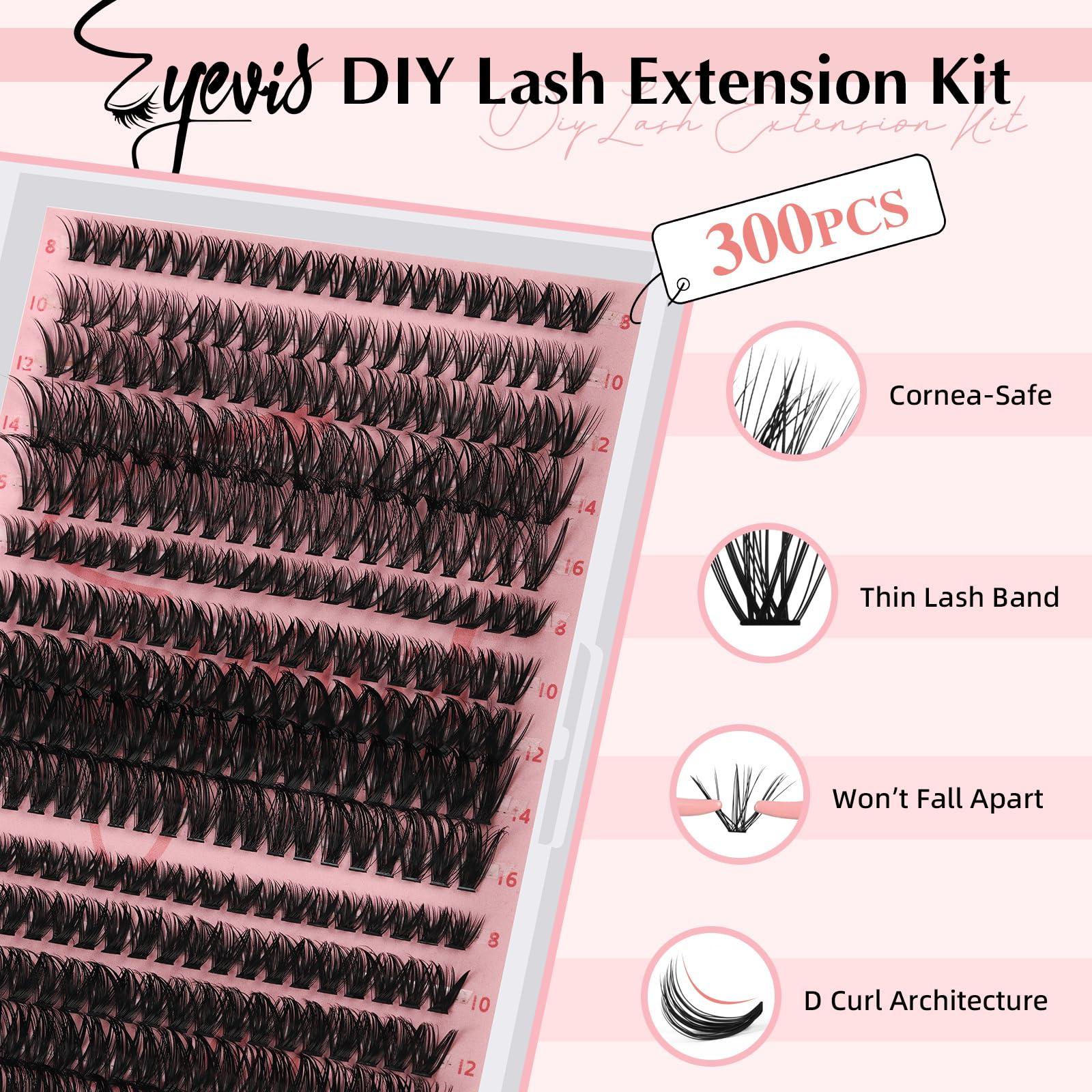 Eyevis lash clusters kit lengths 8-16mm ready for custom extensions.