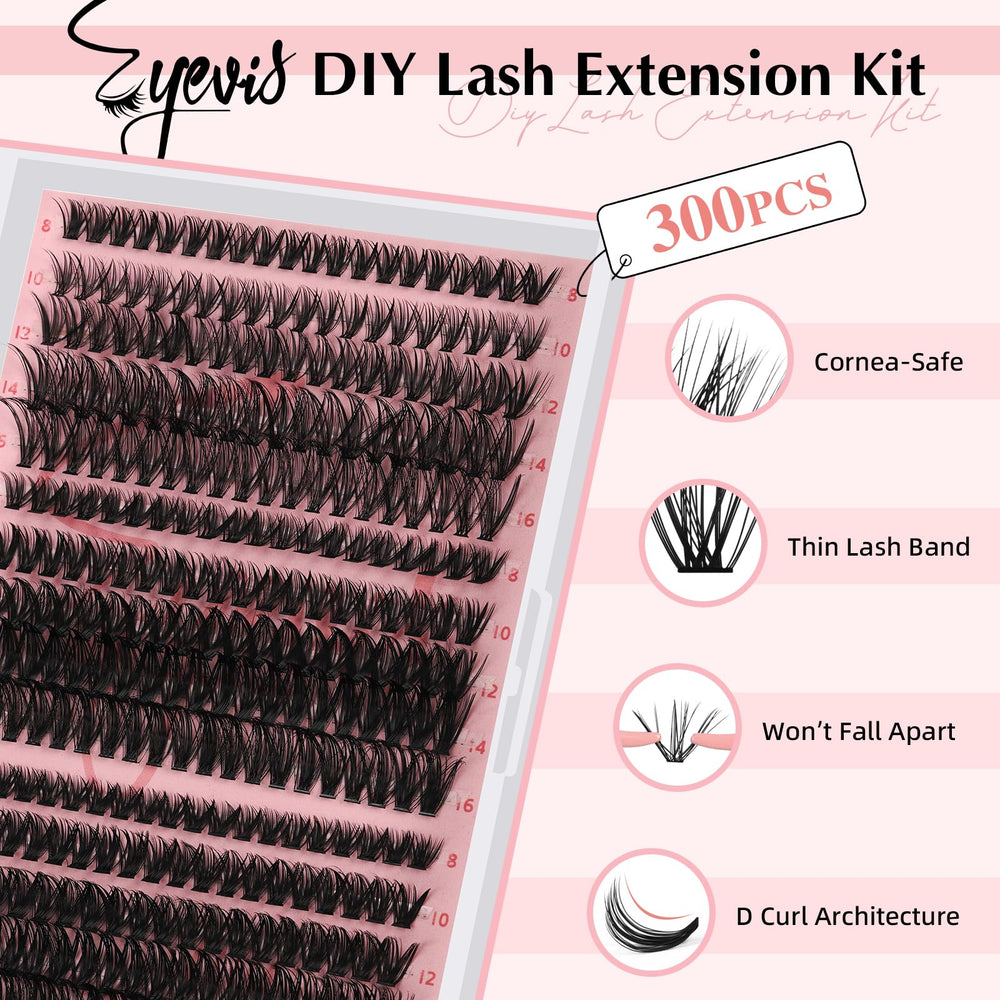 Eyevis lash clusters kit lengths 8-16mm ready for custom extensions.