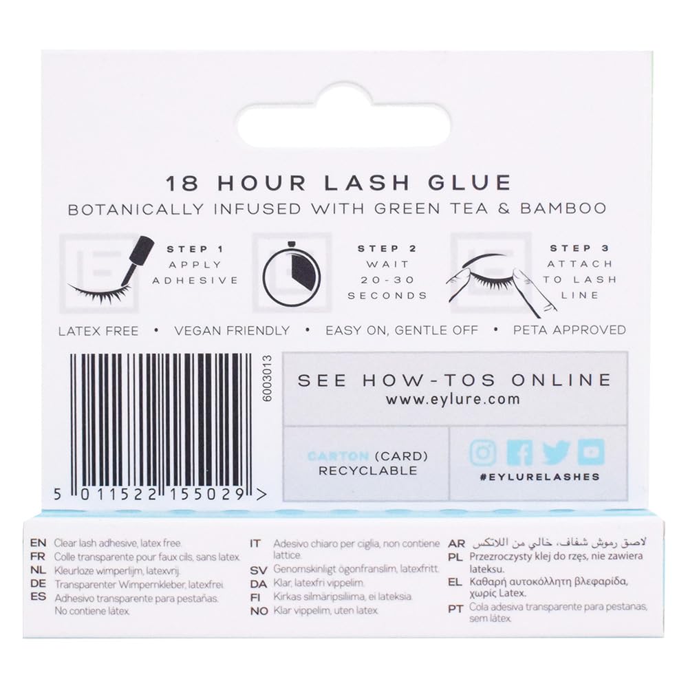 Eylure lash glue in action applying lashes for quick-drying, secure adhesion.