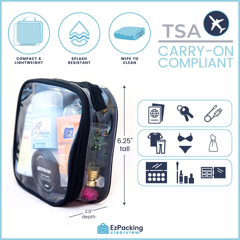 EzPacking clear toiletry bag lilac interior filled demonstrates organized storage for essentials.