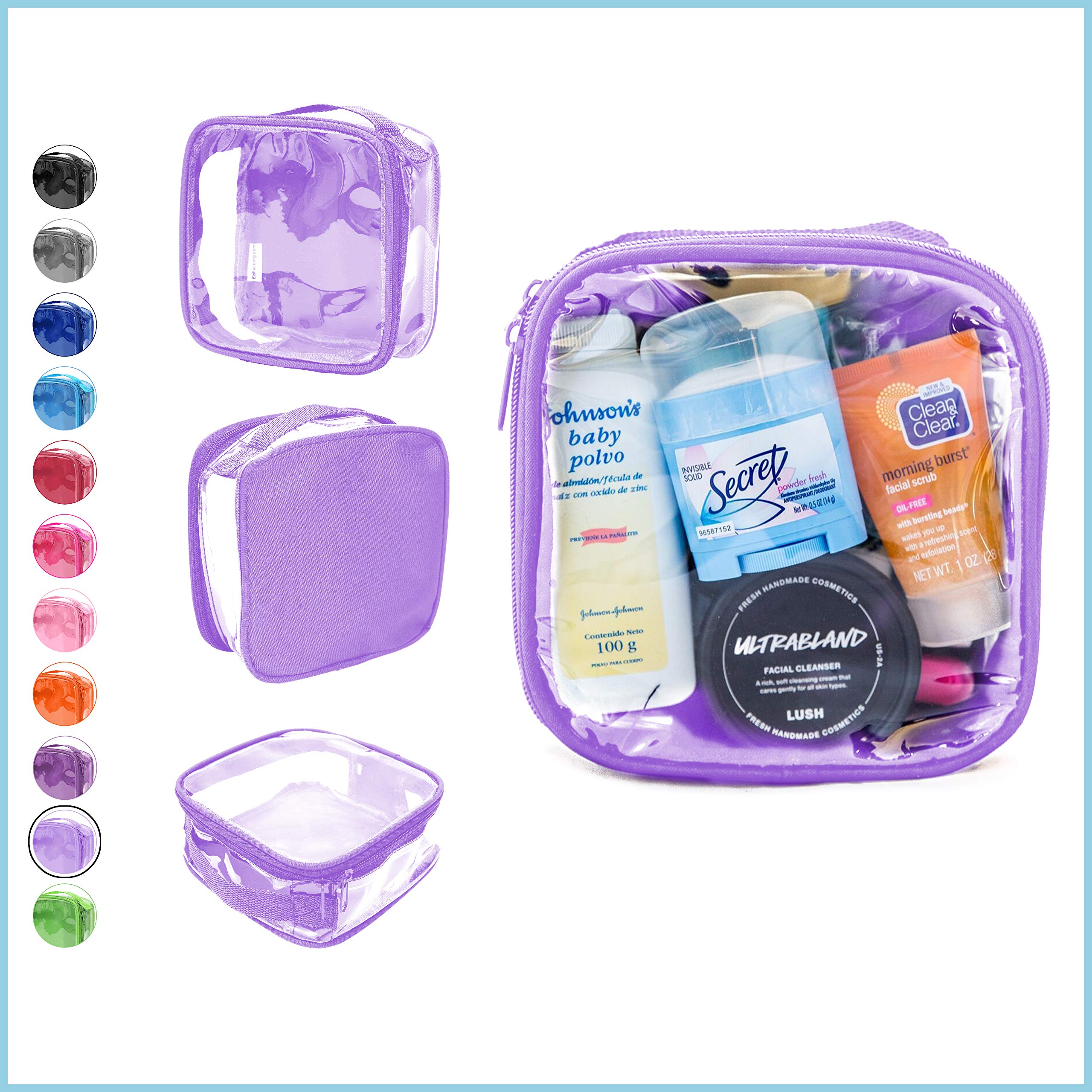 EzPacking clear toiletry bag lilac open top enables quick access to liquids.